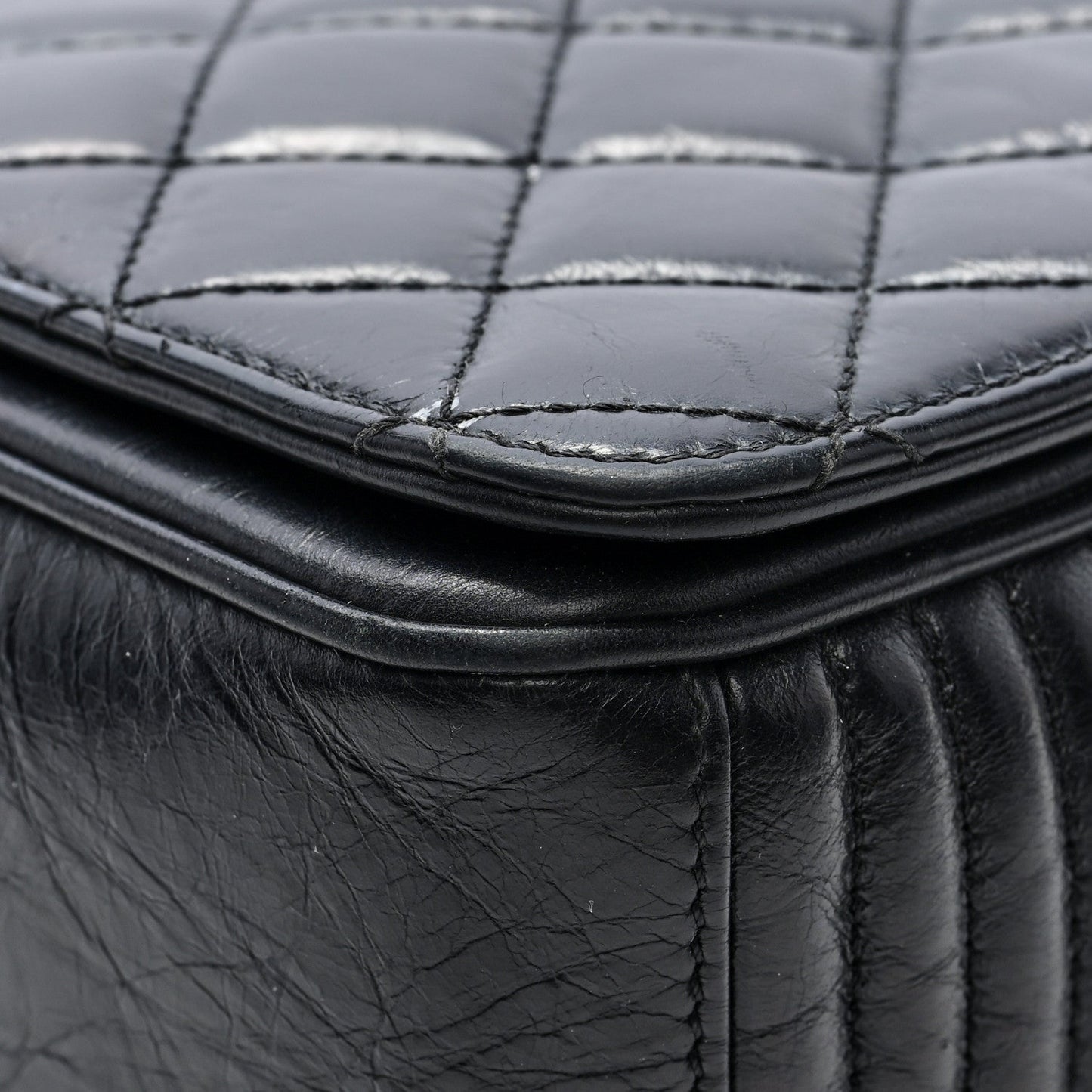 Glazed Calfskin Quilted Large Coco Boy Flap Black