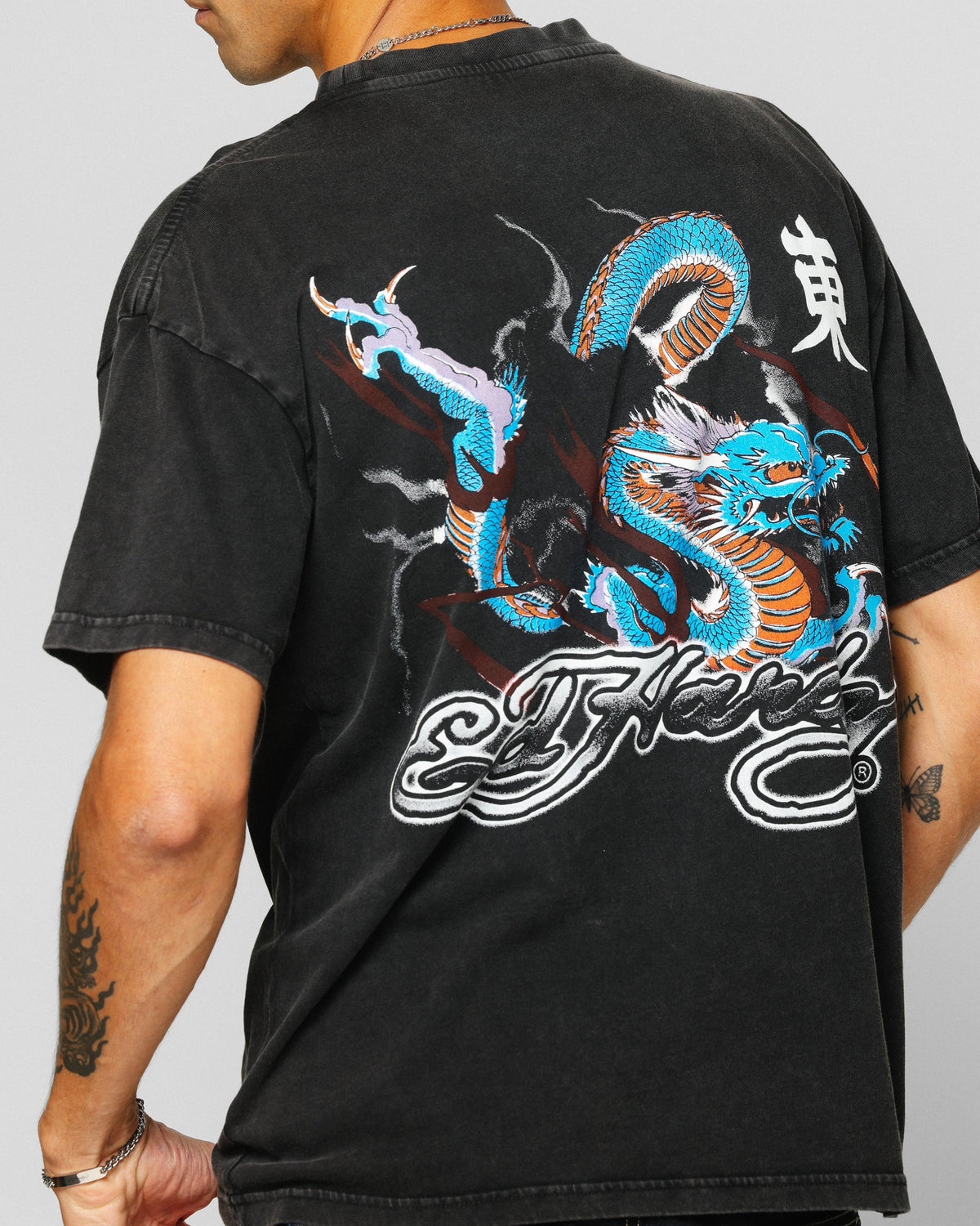 Ed Hardy Dragon Chest T-Shirt Black Acidwash
