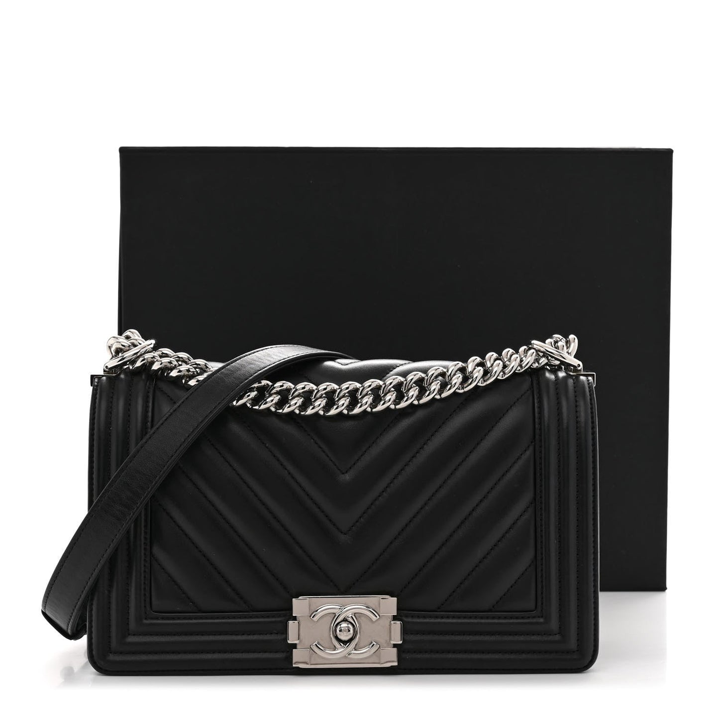 Lambskin Chevron Quilted Medium Boy Flap Black