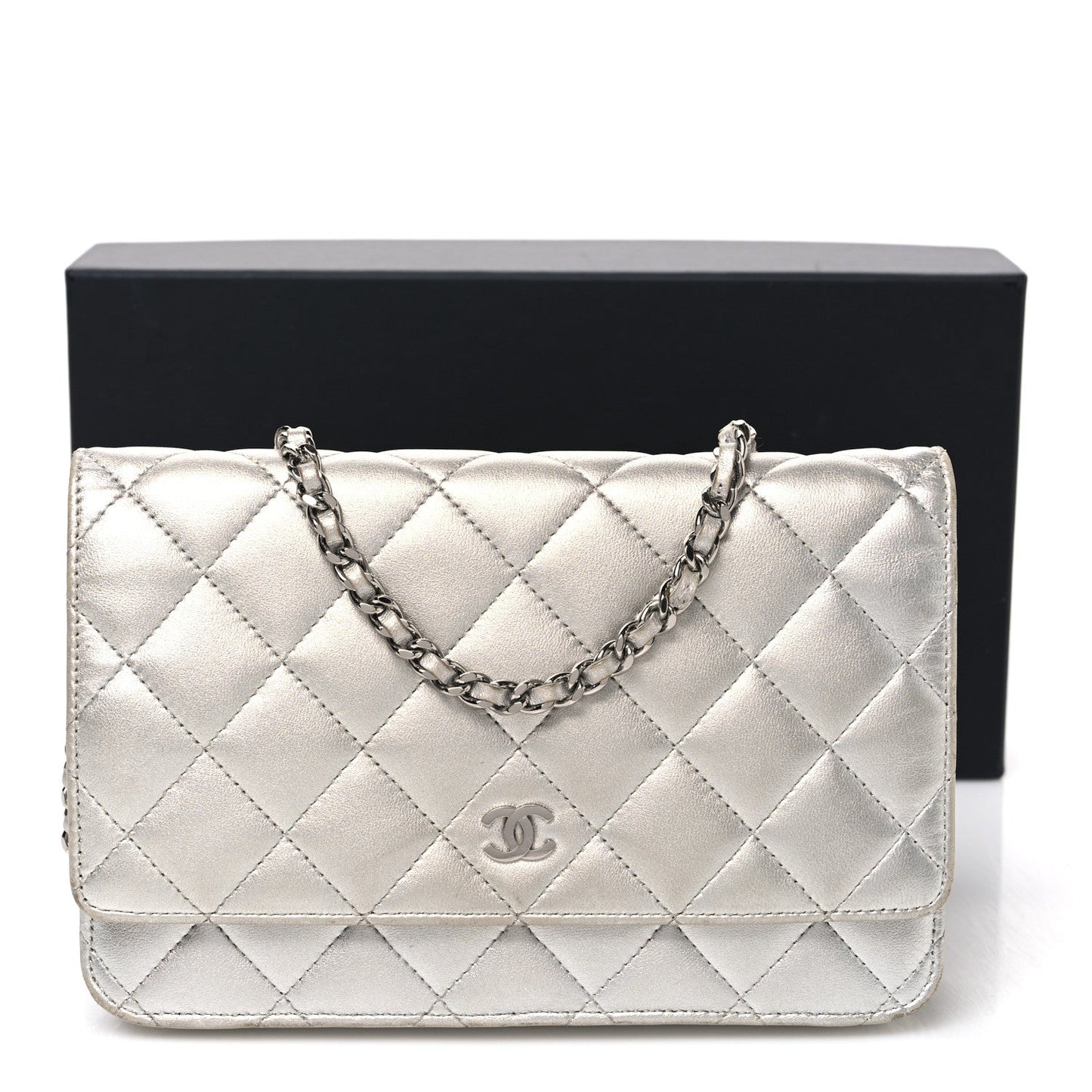 Metallic Lambskin Quilted Wallet On Chain WOC Silver