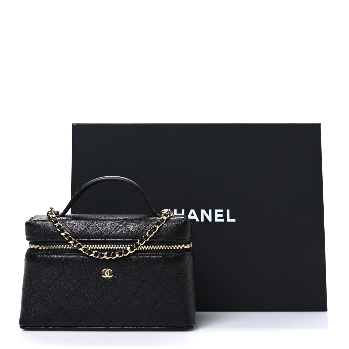 Goatskin Stitched Top Handle Slim Vanity With Chain Black