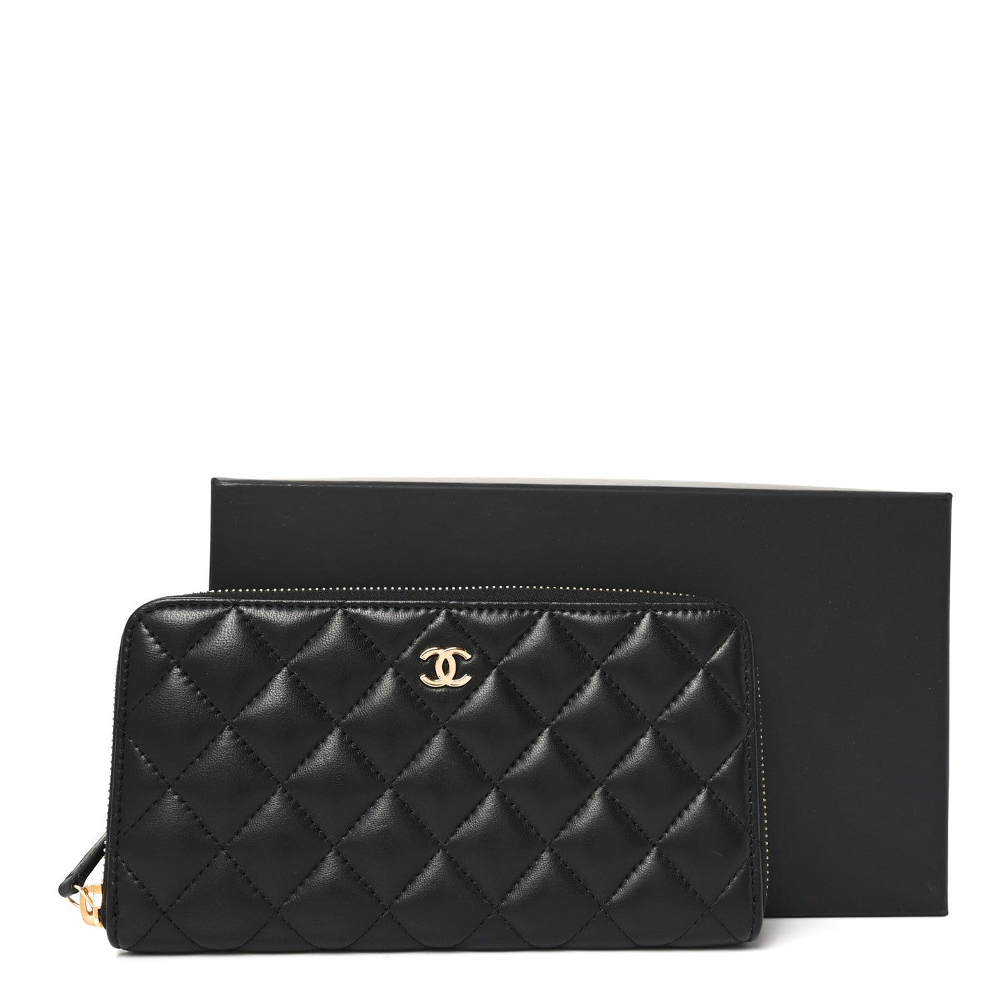 Lambskin Quilted Large Gusset Zip Around Wallet Black