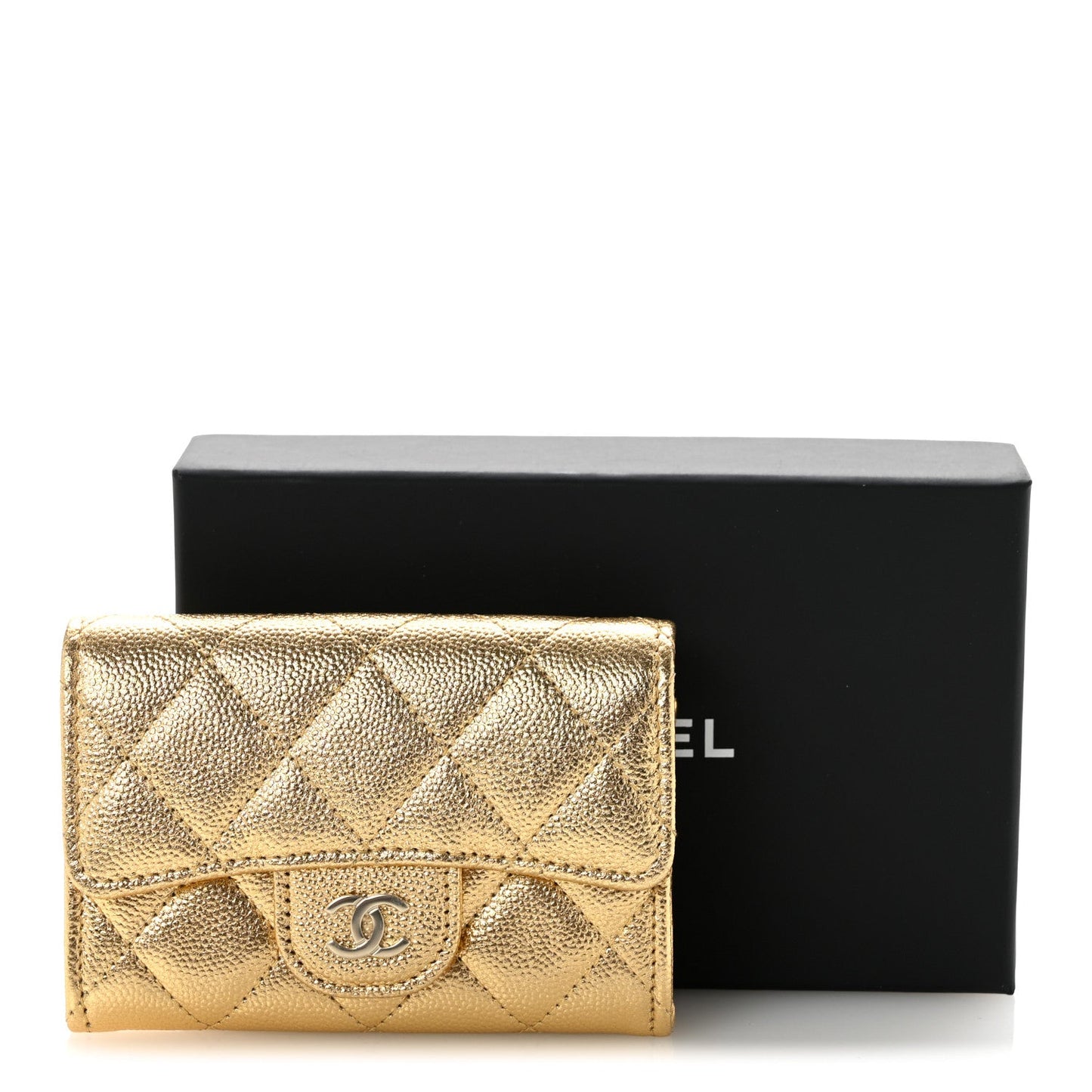 Metallic Caviar Quilted Flap Card Holder Wallet Gold