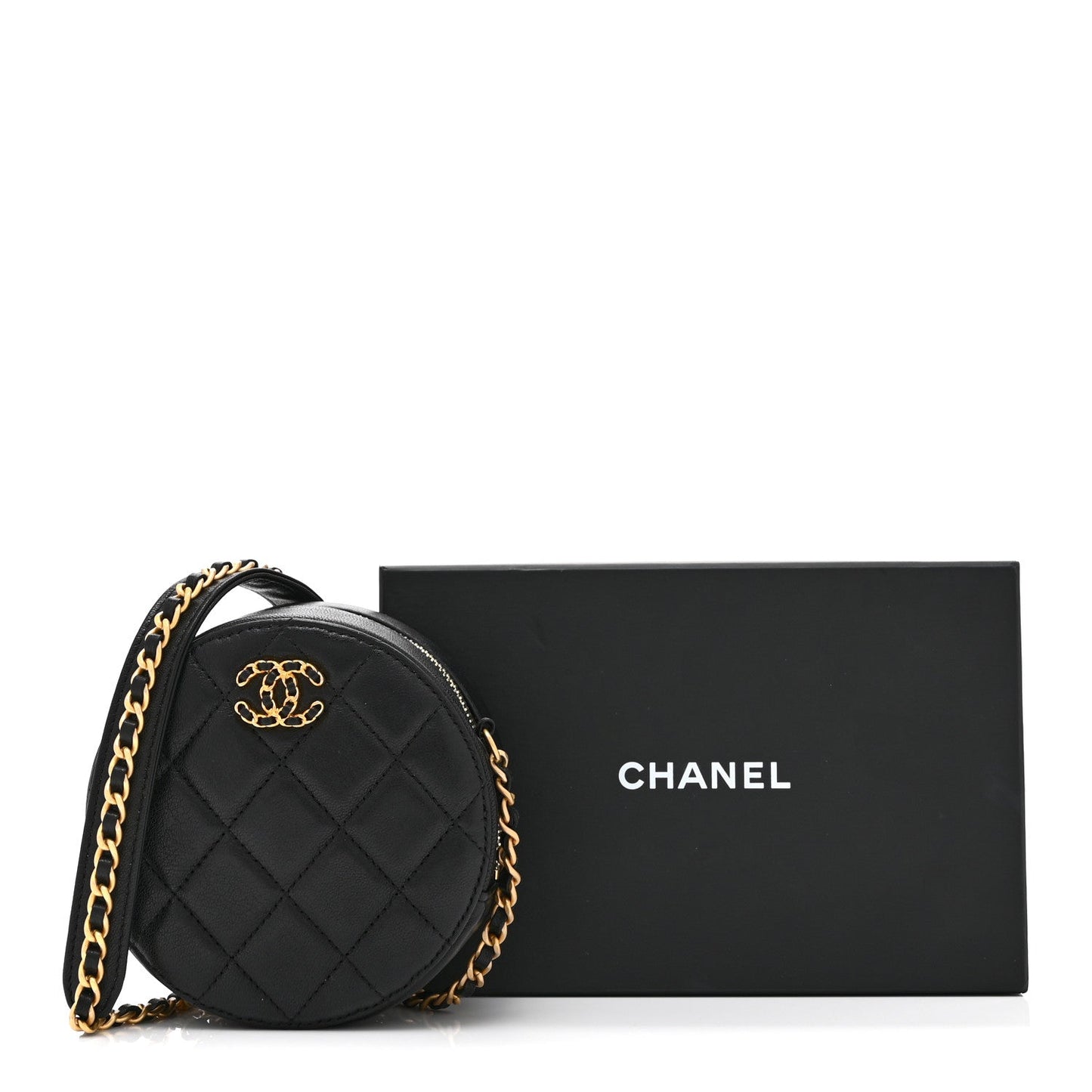 Goatskin Quilted Chanel 19 Round Clutch With Chain Black Black