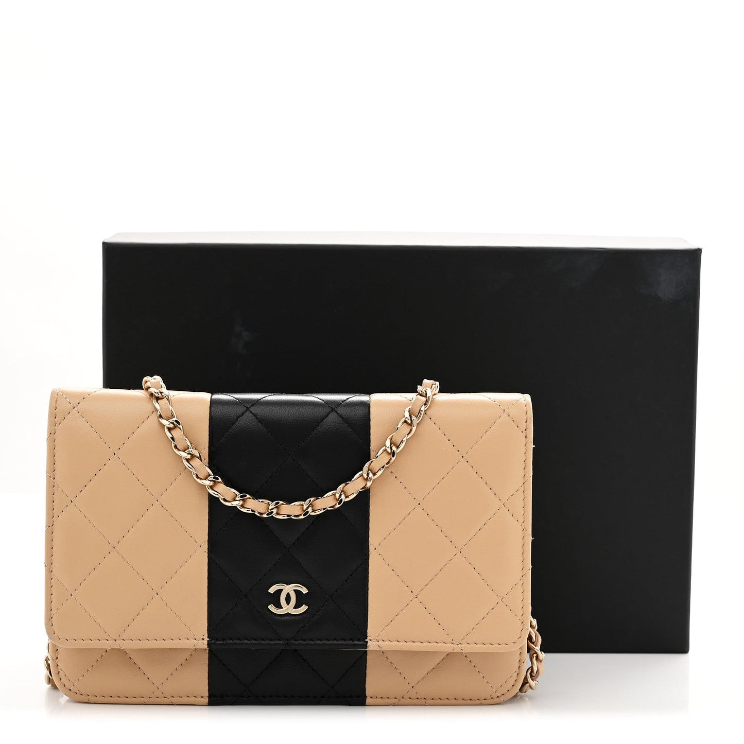 Lambskin Quilted Wallet On Chain WOC Beige Black