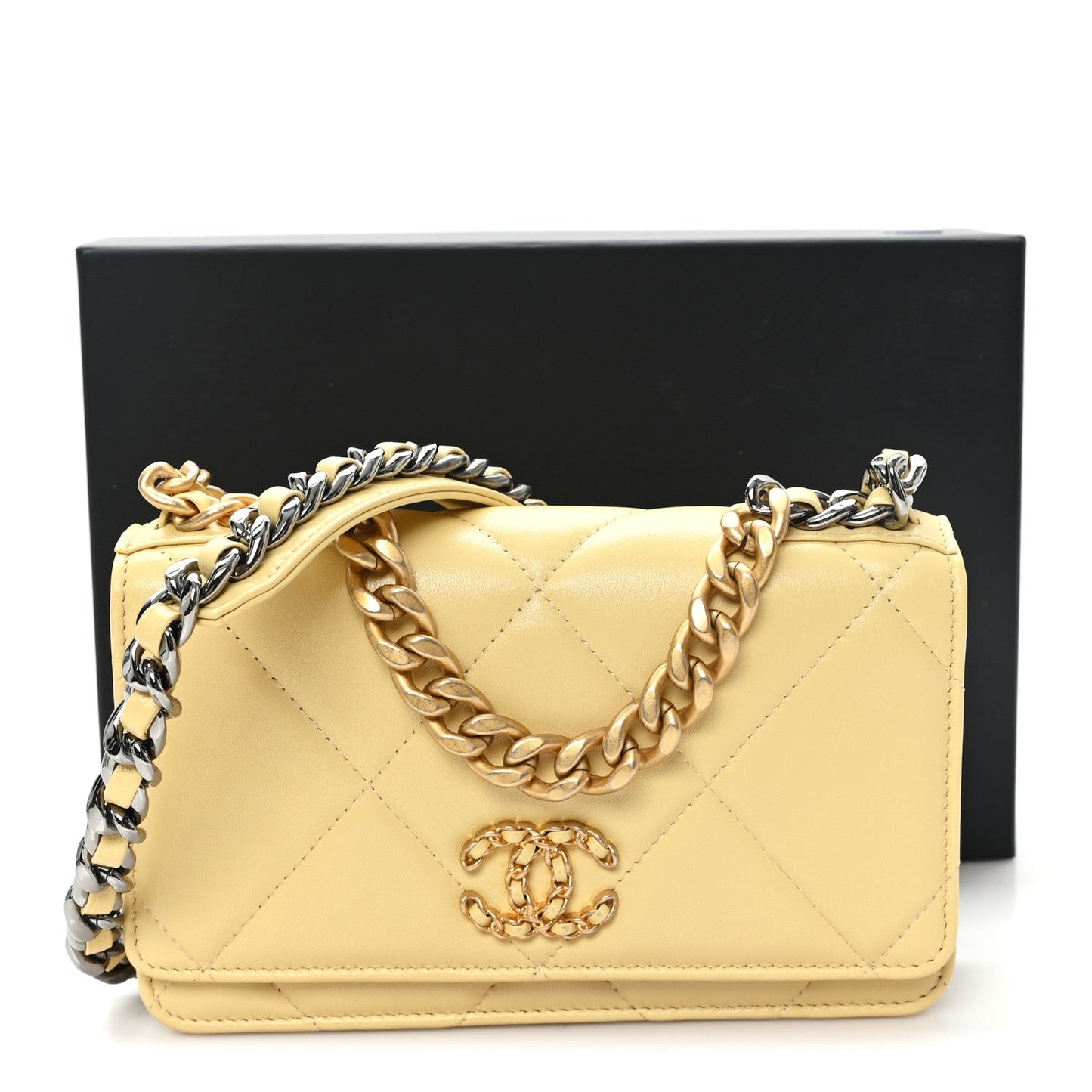 Lambskin Quilted Chanel 19 Wallet On Chain WOC Yellow