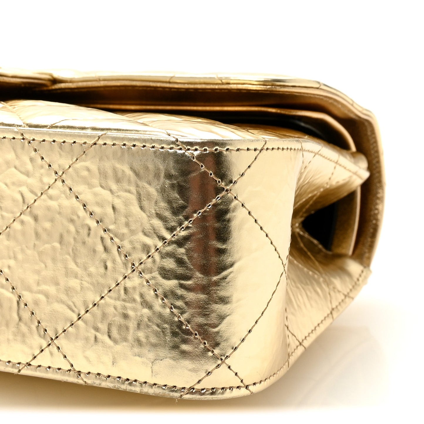 Hammered Metallic Calfskin Quilted Small Double Flap Gold