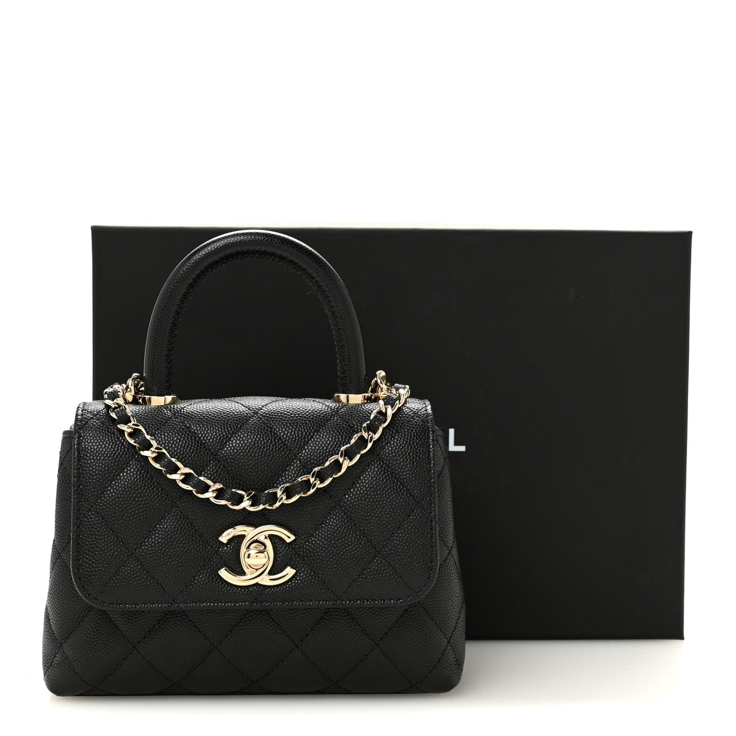 Caviar Quilted Coco Handle Clutch With Chain Black