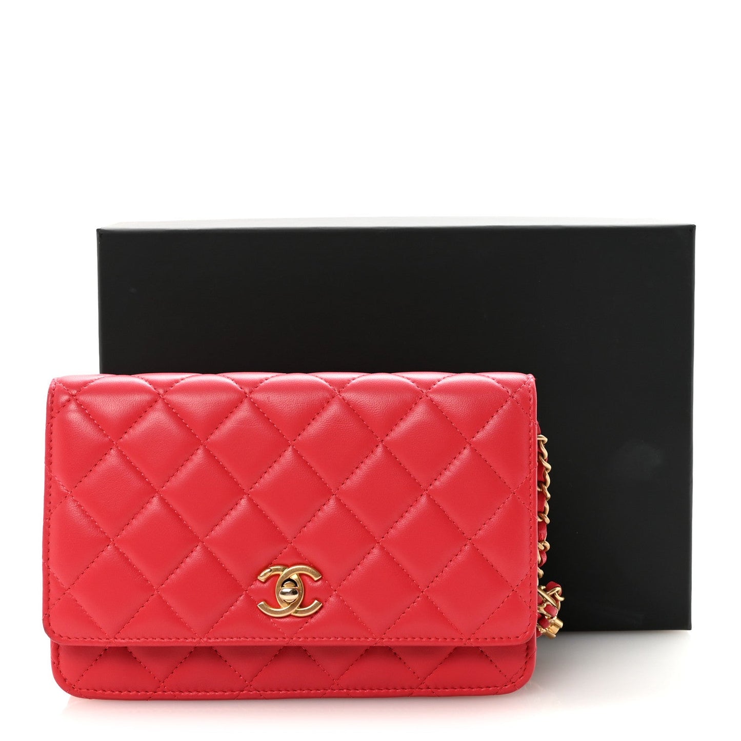Lambskin Quilted CC Pearl Crush Wallet on Chain WOC Red