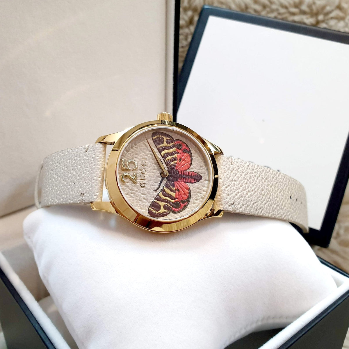 Gucci G Timeless Butterfly White Dial White Leather Strap Watch For Women - YA1264062