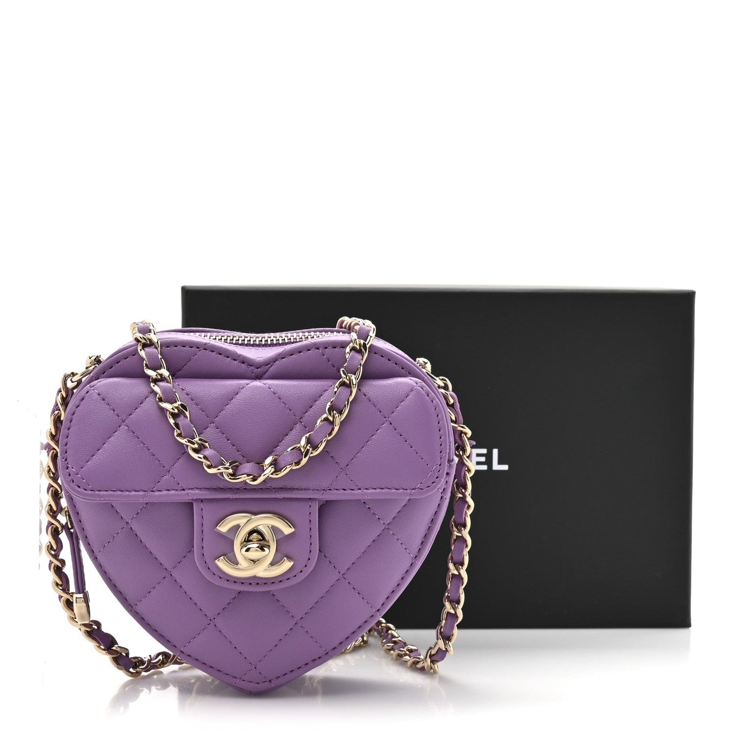 Lambskin Quilted CC In Love Heart Clutch With Chain Purple