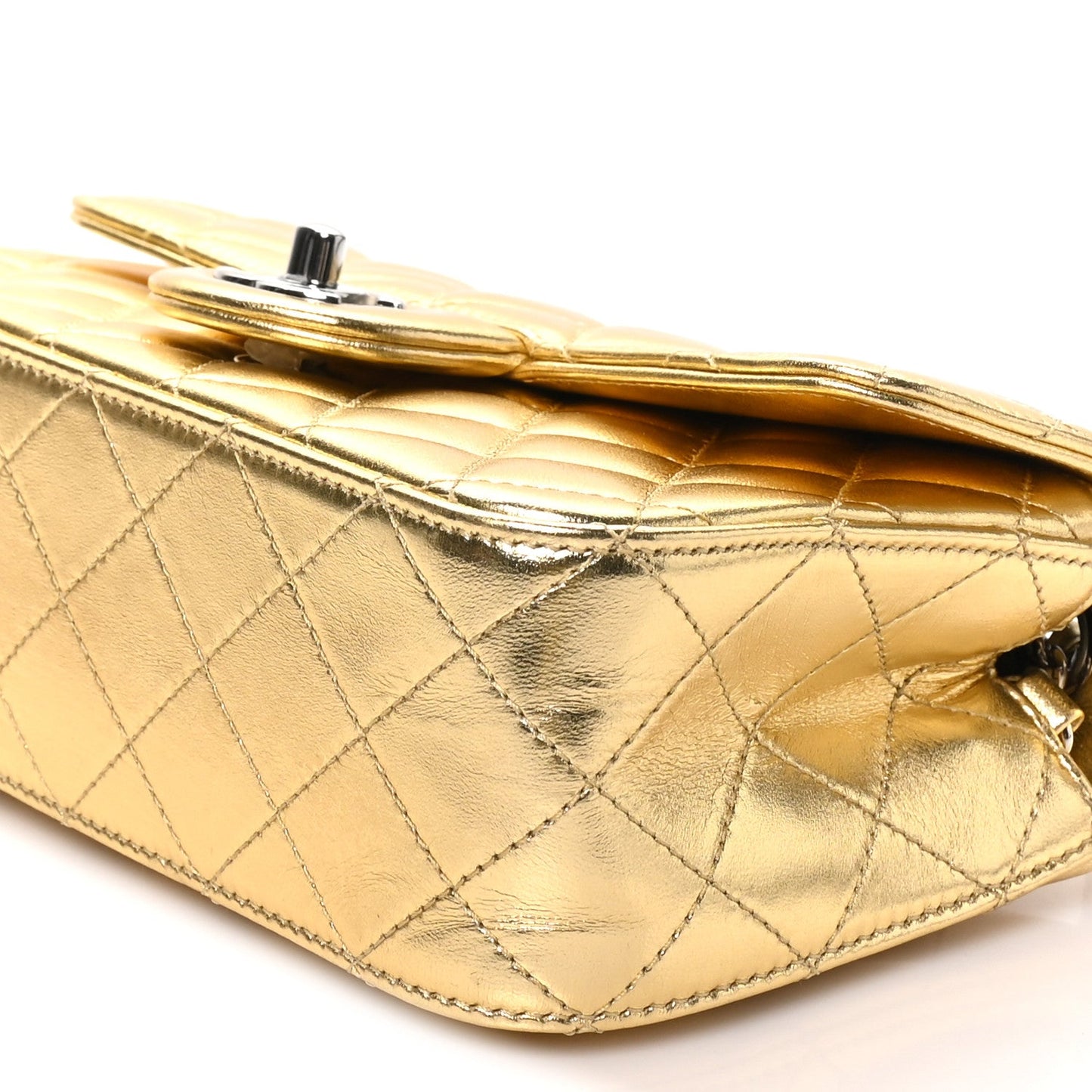 Metallic Lambskin Quilted Mini Rectangular Pearl Crush Flap Gold