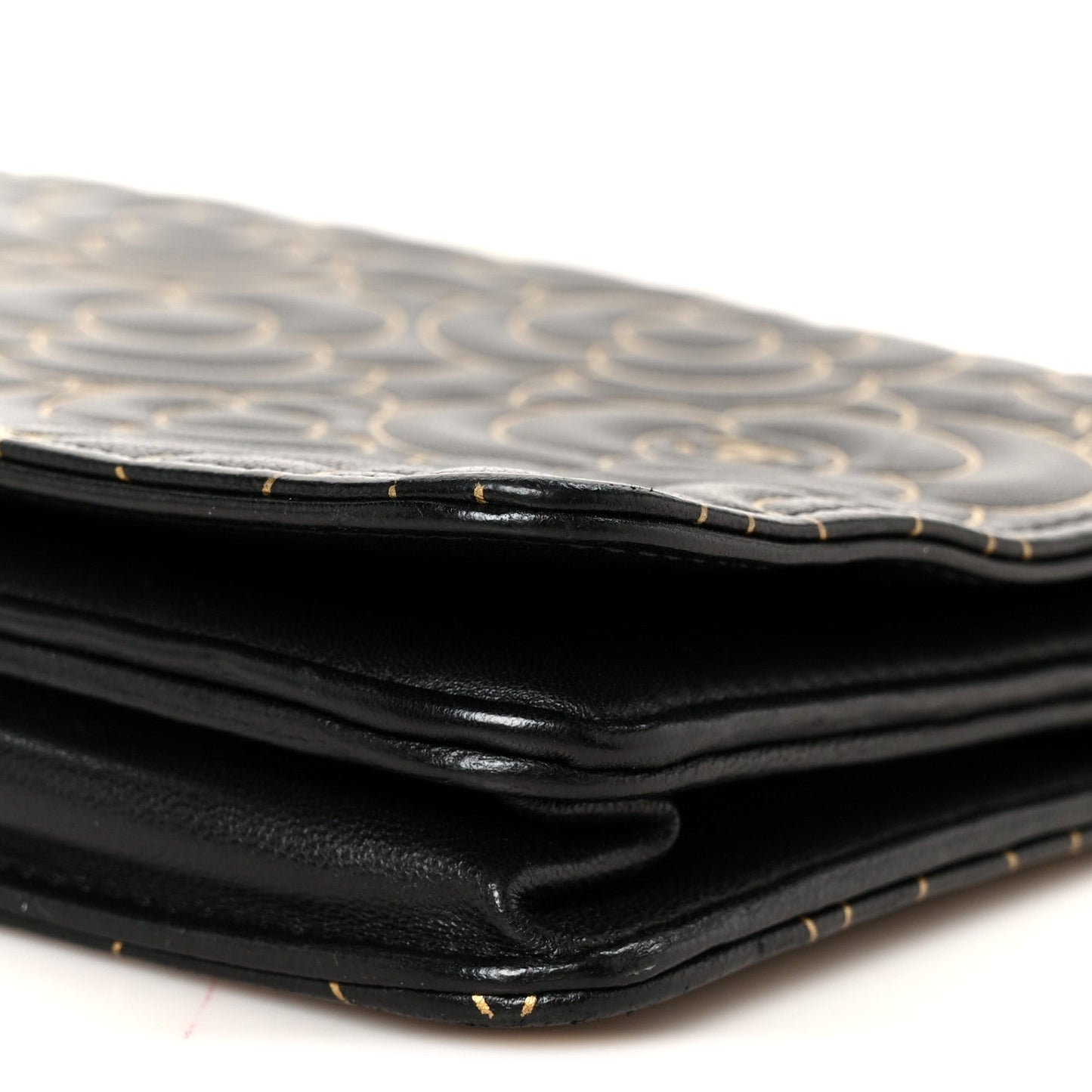 Lambskin Camellia Embossed Wallet On Chain WOC Black Gold