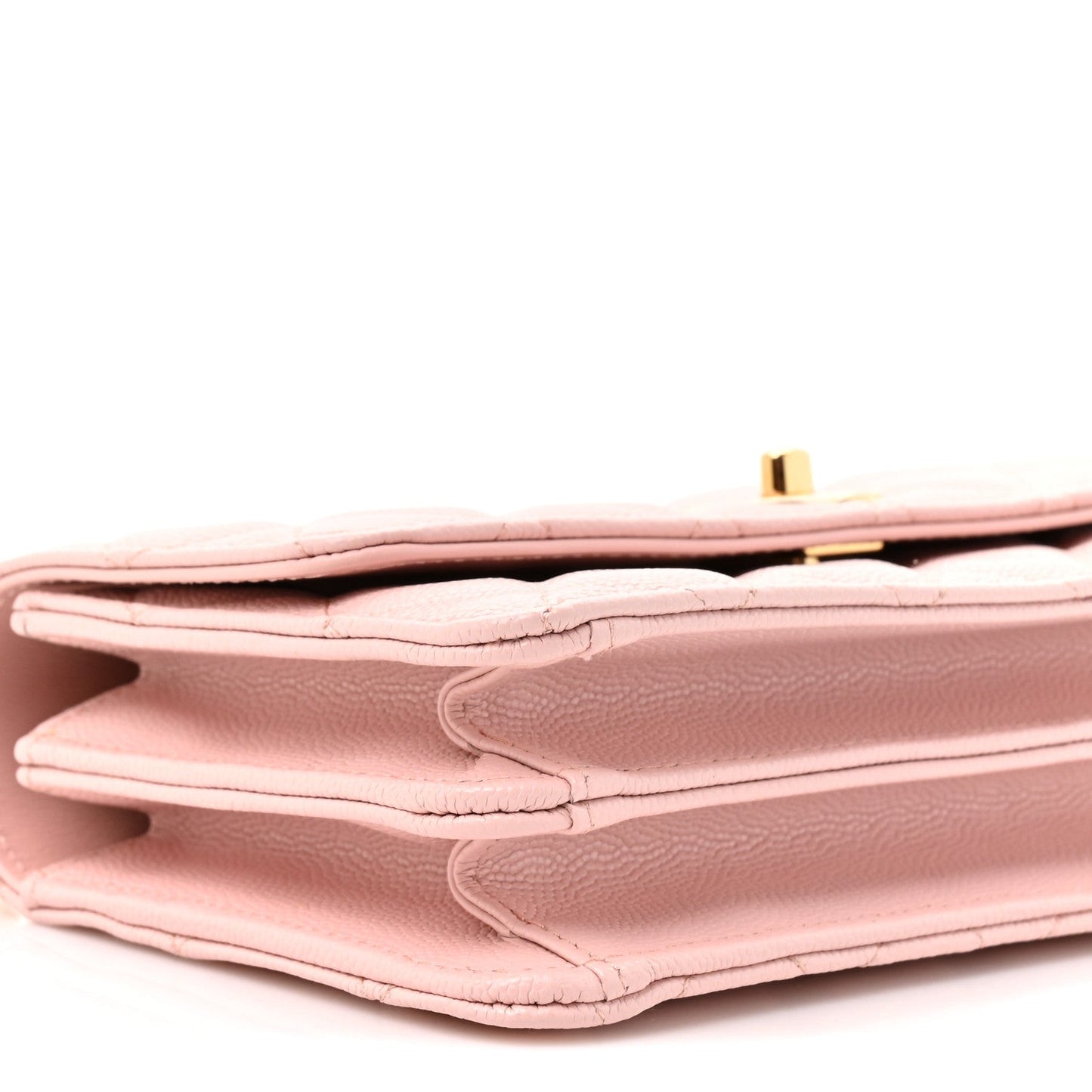 Shiny Caviar Quilted Flap Charm Wallet On Chain WOC Light Pink