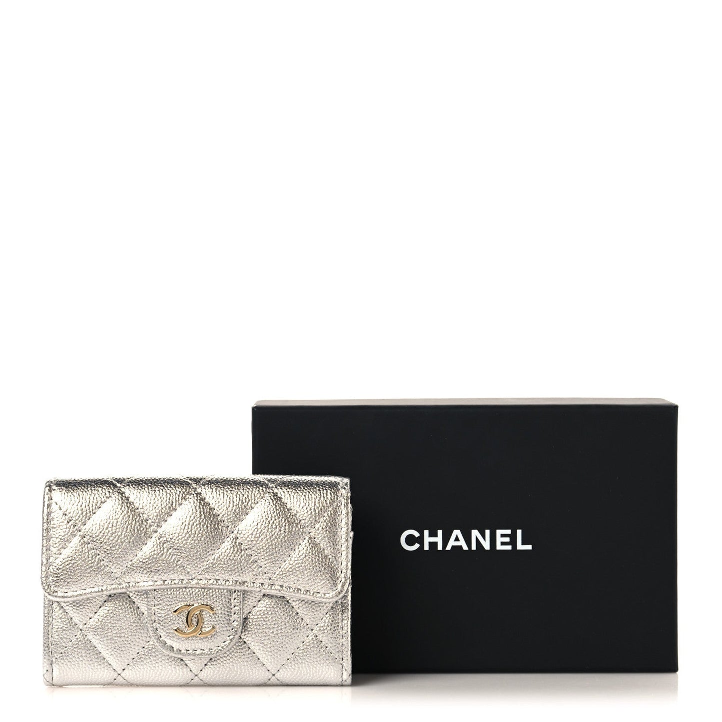 Metallic Caviar Quilted Flap Card Holder Wallet Silvery