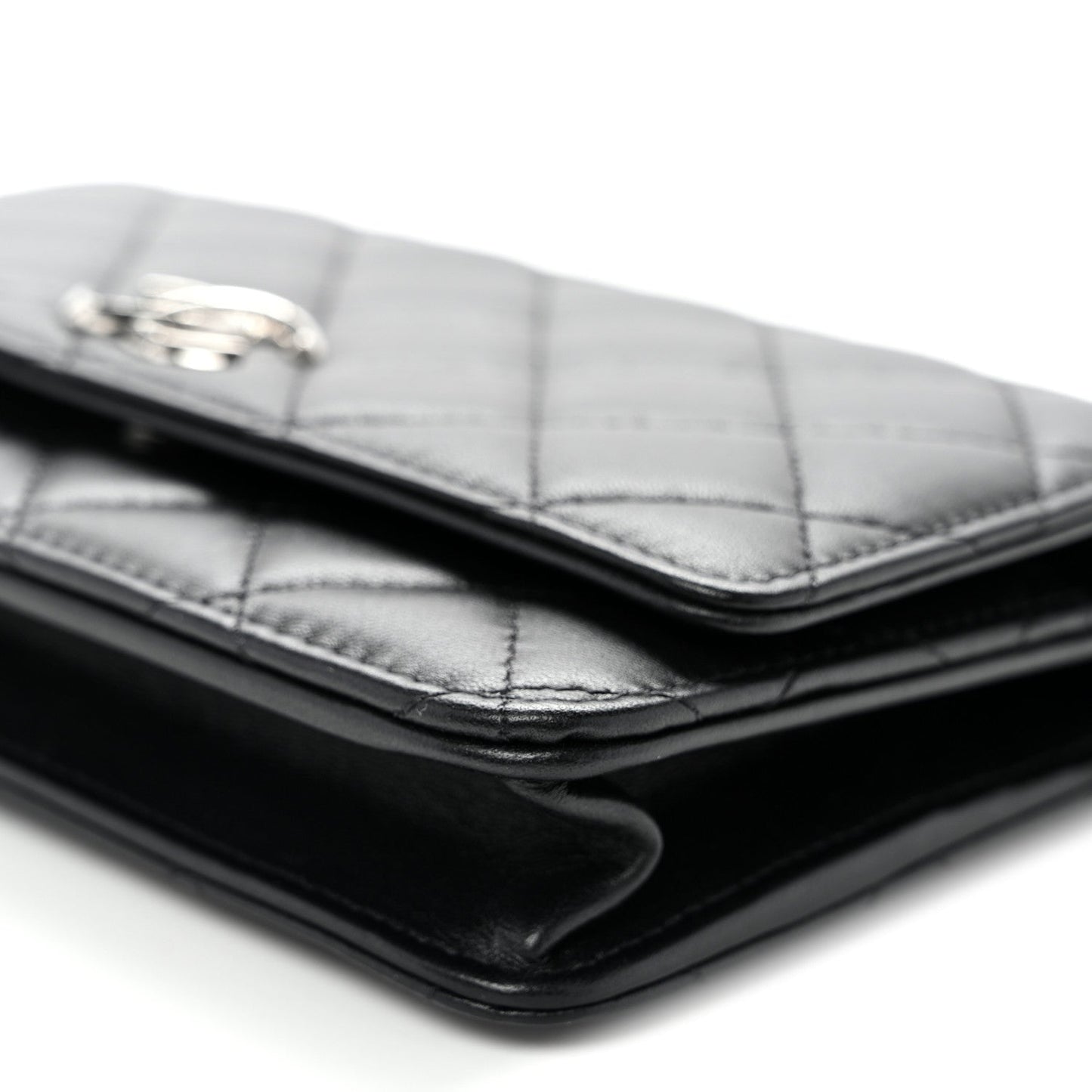 Lambskin Quilted Enamel CC Wallet on Chain WOC Black