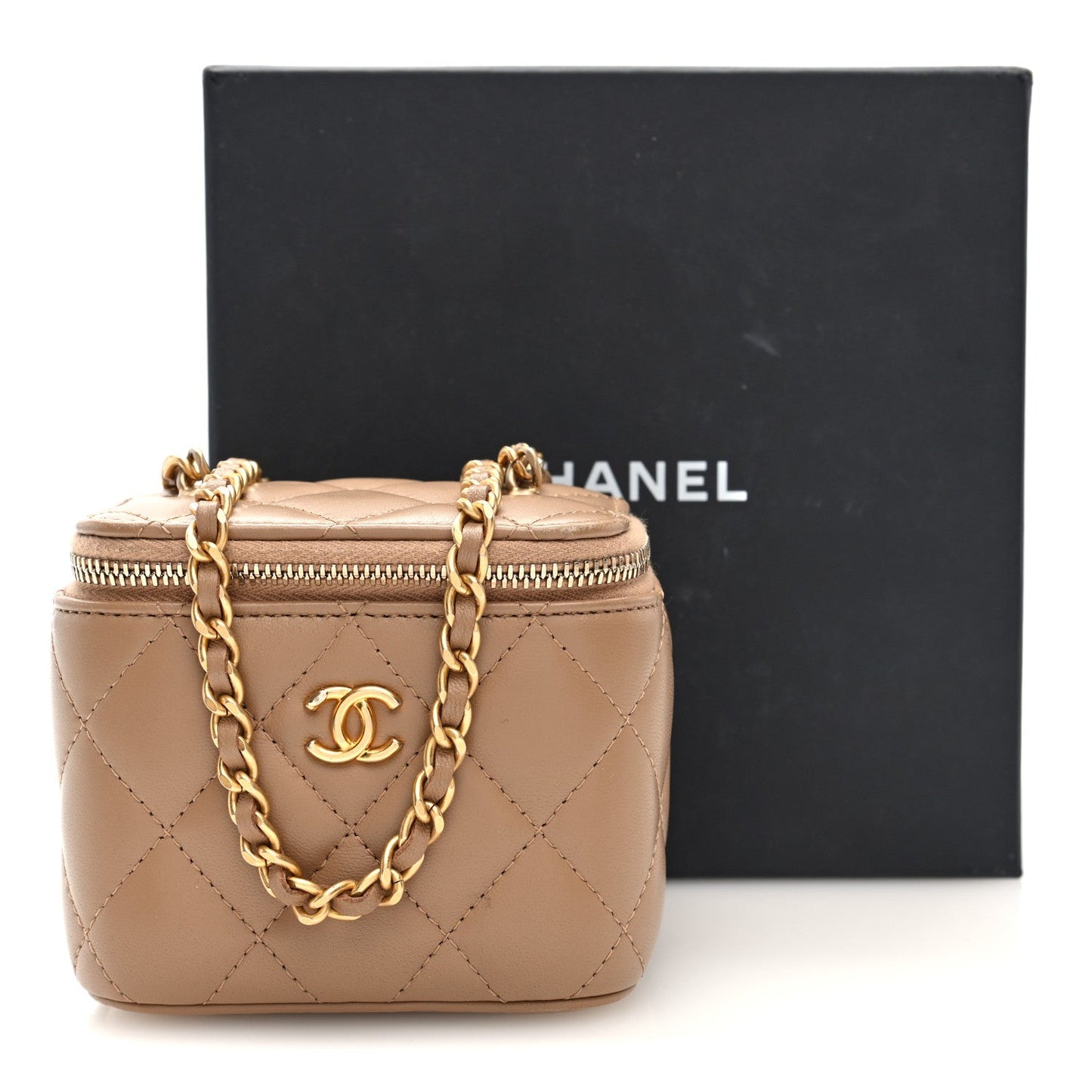 Lambskin Quilted Pearl Crush Mini Vanity Case With Chain Beige