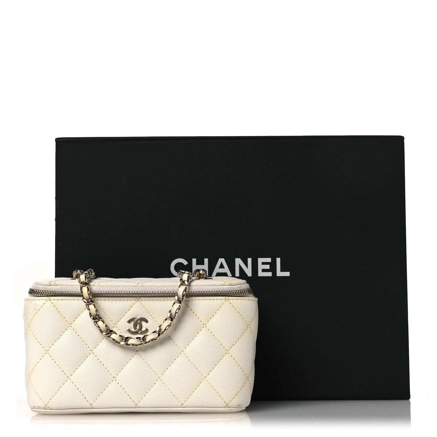 Caviar Quilted Small Vanity Case With Chain White