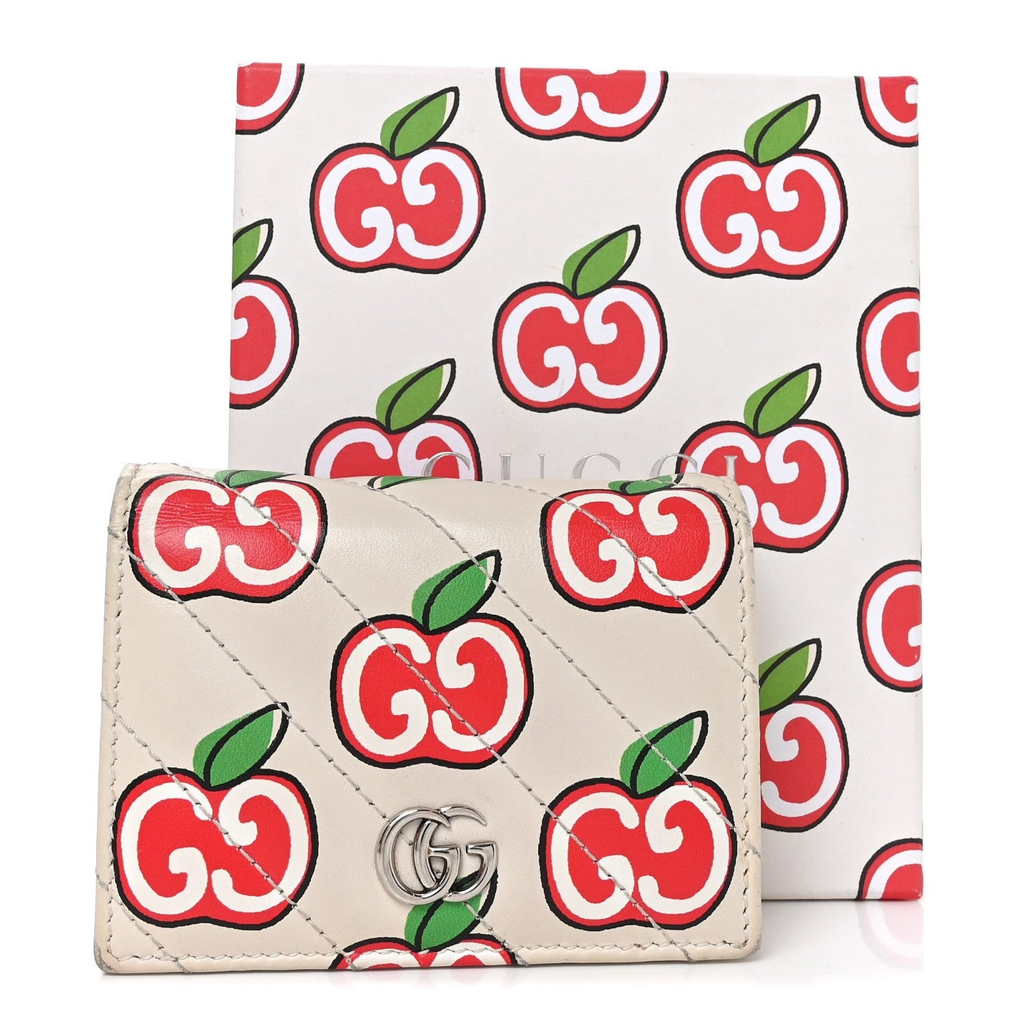 Calfskin Matelasse Diagonal GG Apple GG Marmont Card Case Wallet Ivory