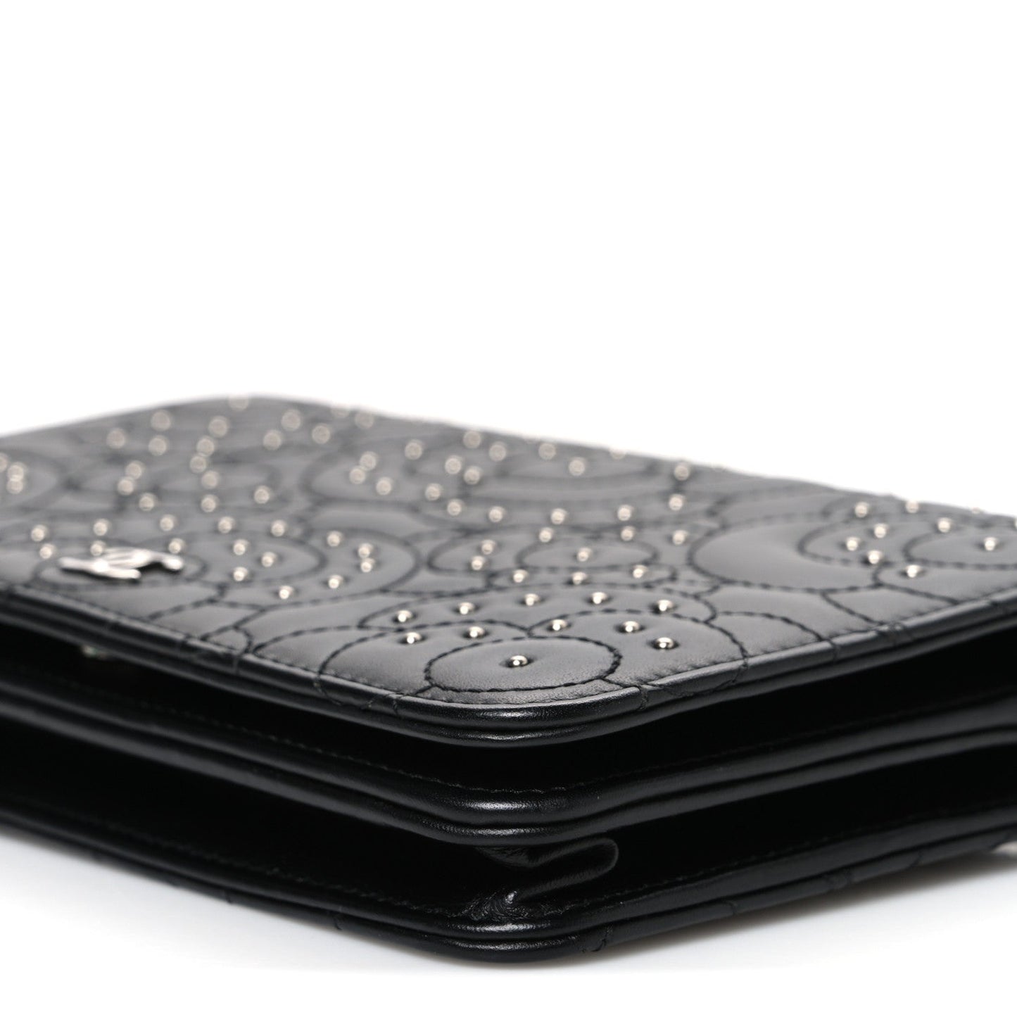 Lambskin Camellia Studded Wallet on Chain WOC Black