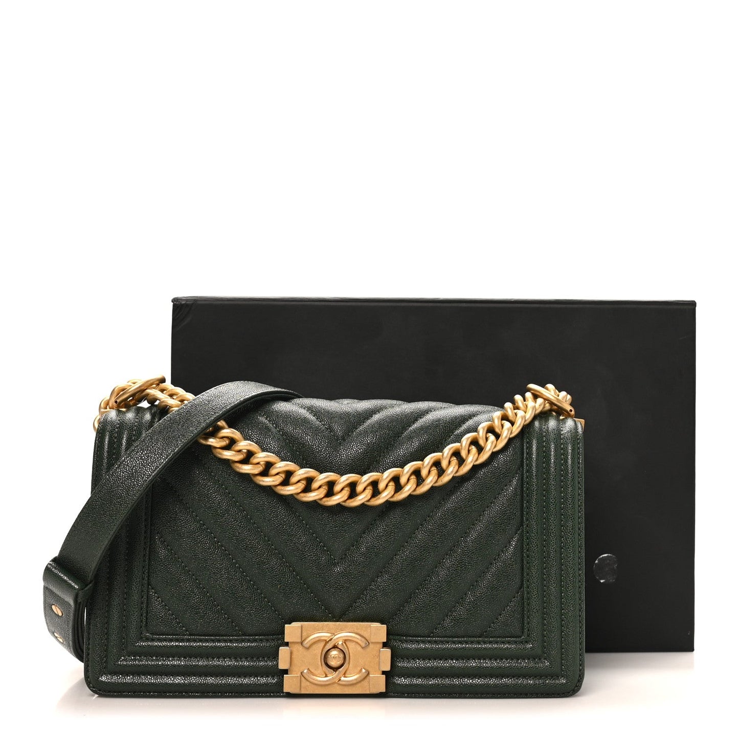 Caviar Chevron Quilted Medium Boy Flap Dark Green