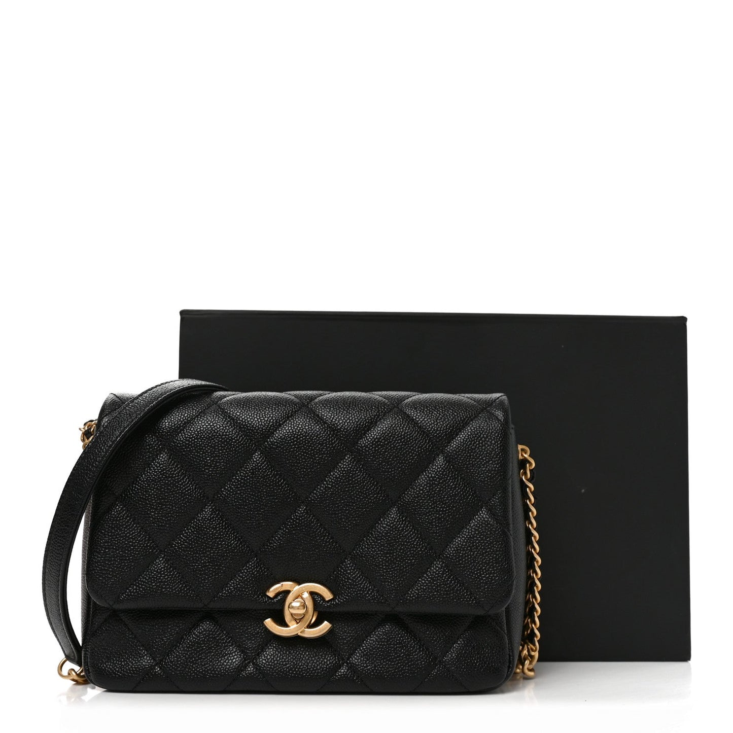 Shiny Caviar Quilted Small Chain Melody Flap Black