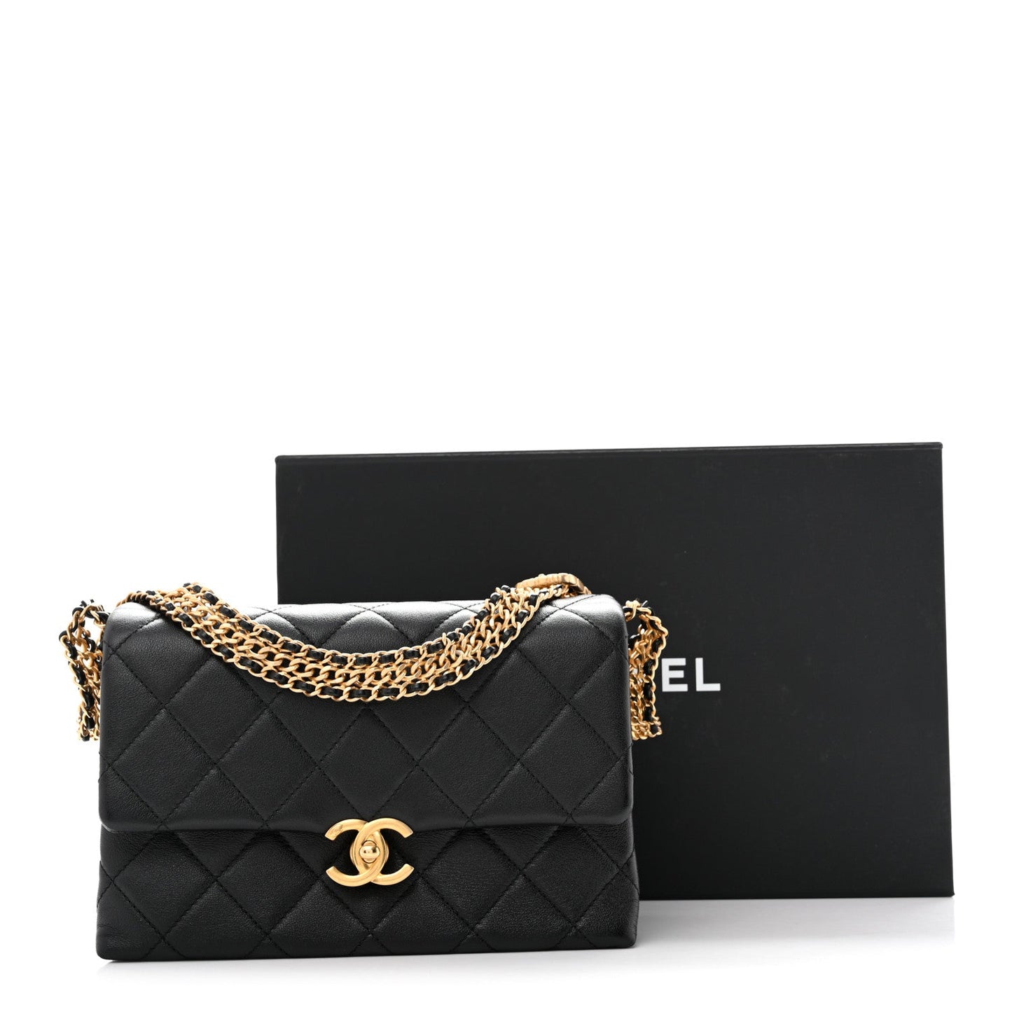 Calfskin Quilted Mini Chain Strap Flap Black
