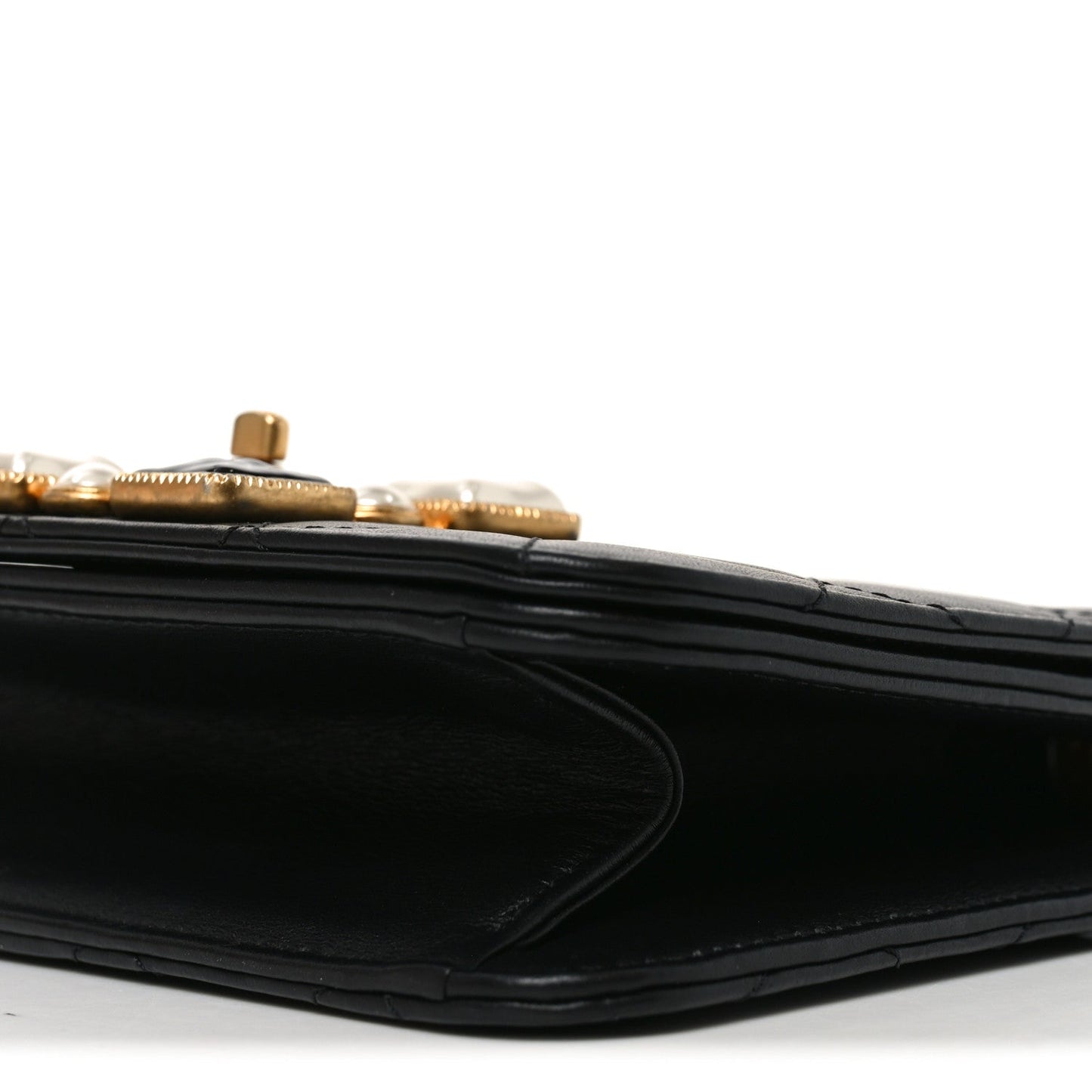 Calfskin Quilted Crystal Pearl Small Flap Bag Black