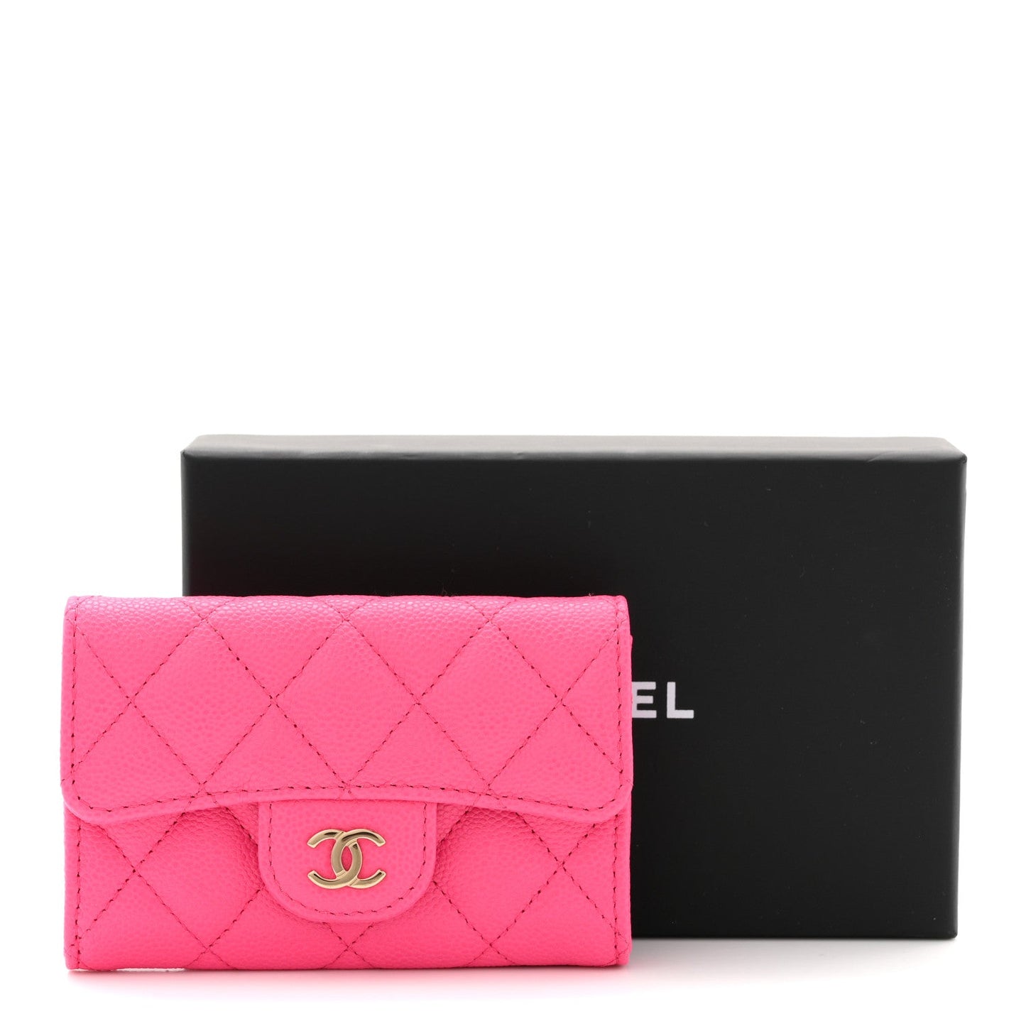 Caviar Quilted Flap Card Holder Wallet Pink
