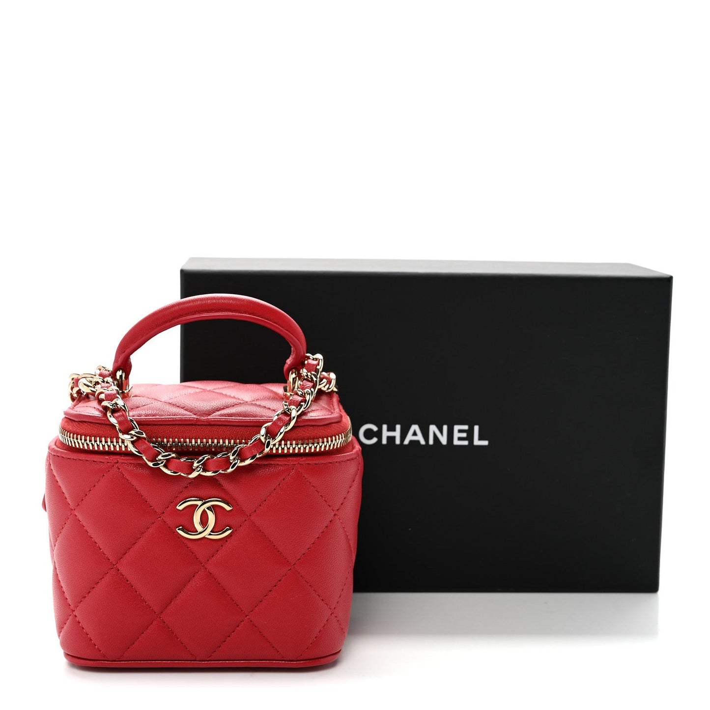 Lambskin Quilted Mini Top Handle Vanity Case With Chain Red