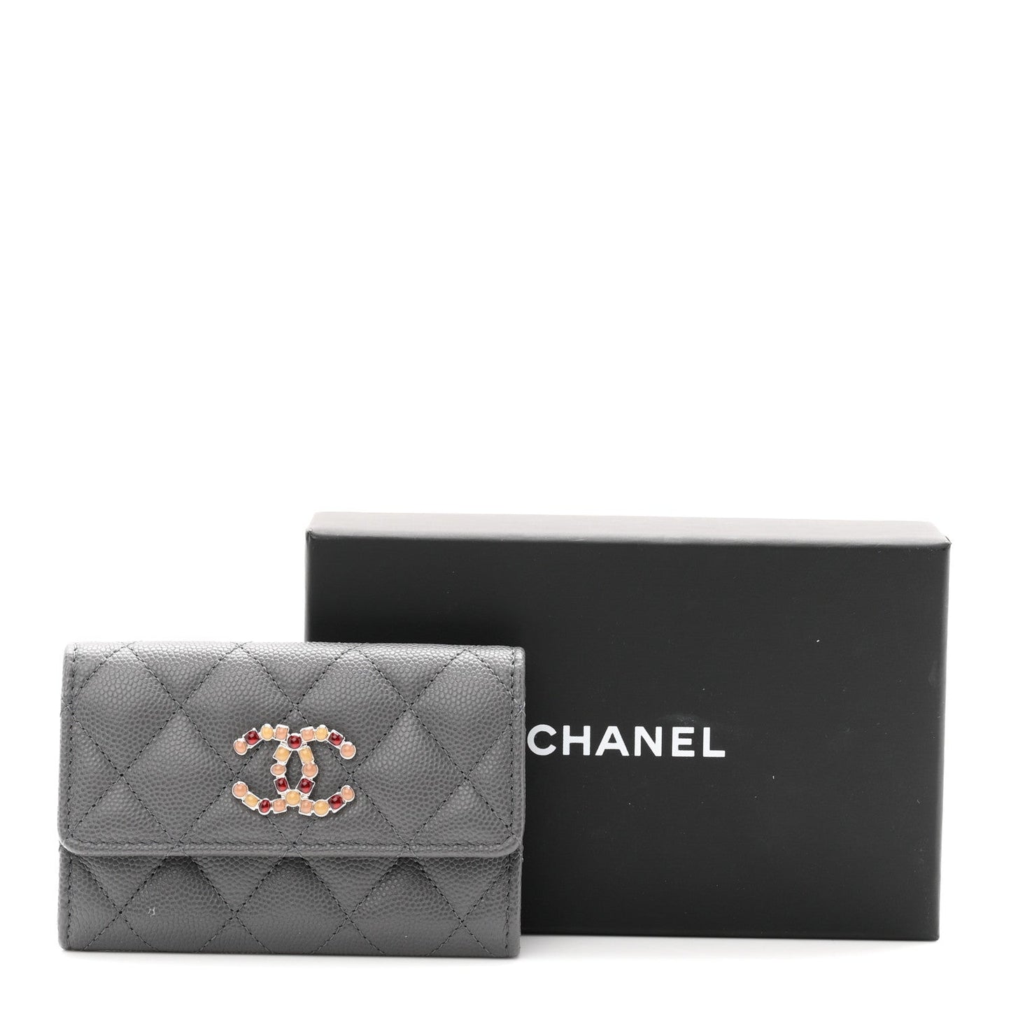 Shiny Caviar Enamel Quilted CC Flap Card Holder Grey