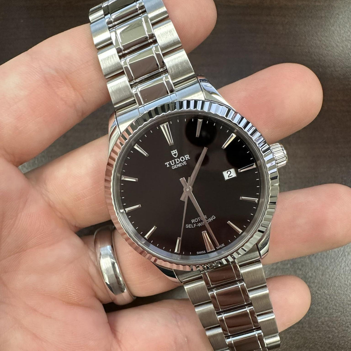 Tudor Style Automatic Black Dial Silver Steel Strap Watch for Men - M12710-0003