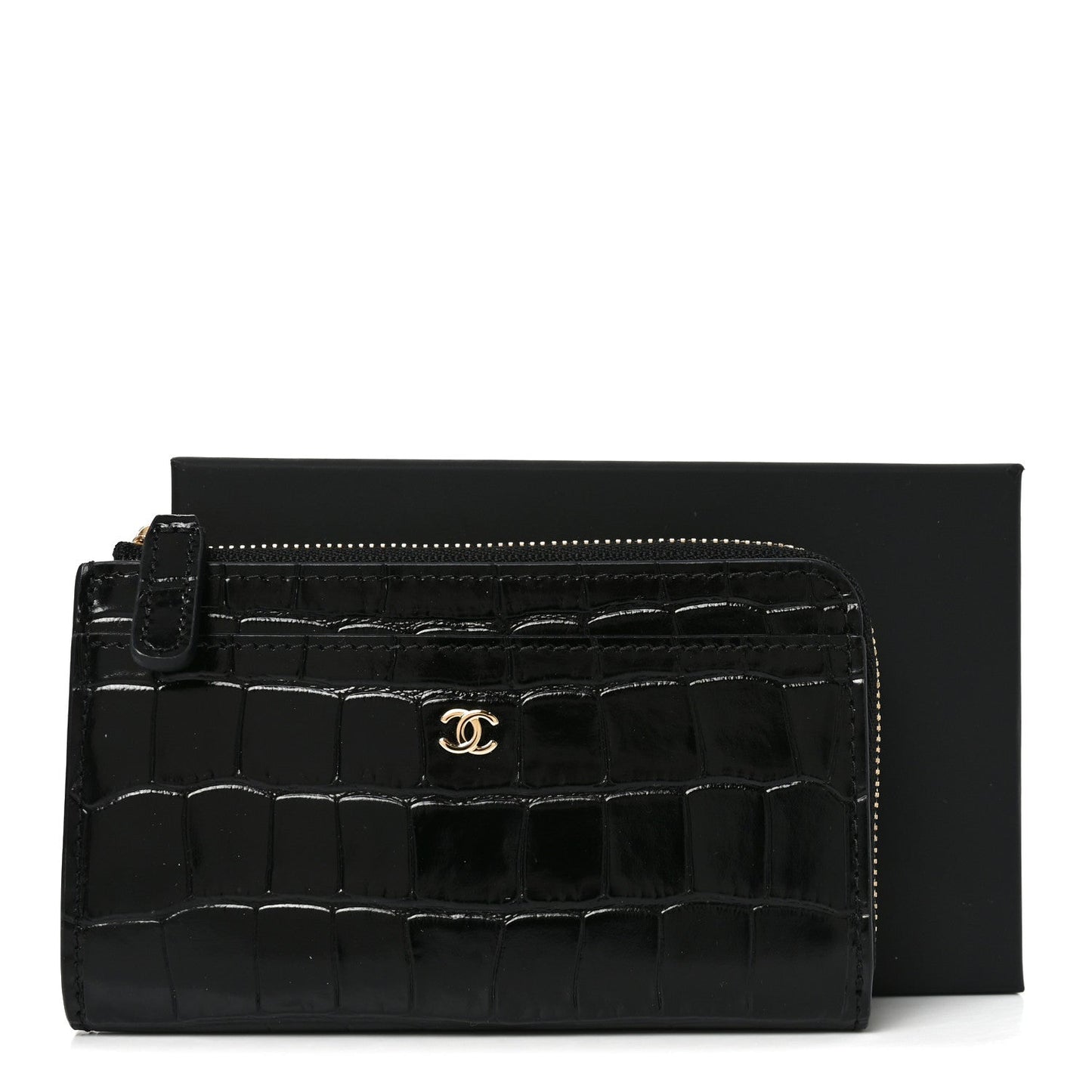 Calfskin Crocodile Embossed Crococo Zipped Card Holder Black