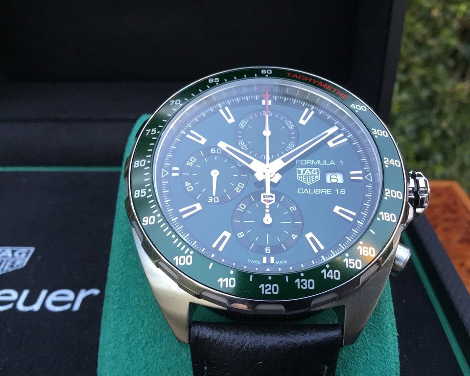 Tag Heuer Formula 1 Calibre 16 Automatic Chronograph Green Dial Black Leather Strap Watch for Men - CAZ2016.FC6473