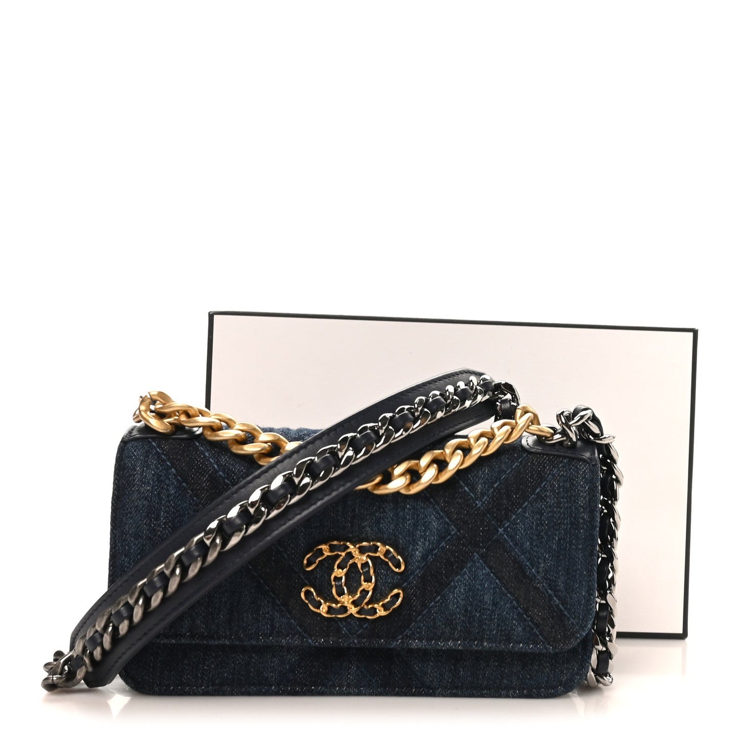 Denim Quilted Chanel 19 Flap Phone Holder With Chain Blue
