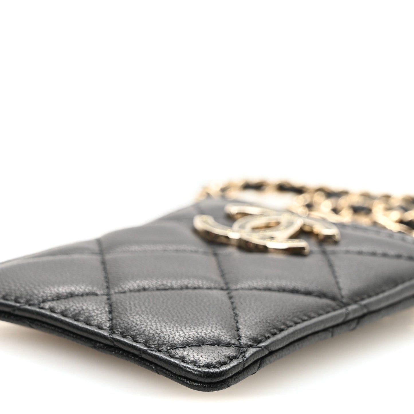 Lambskin Quilted Glitter Card Holder On Chain Black