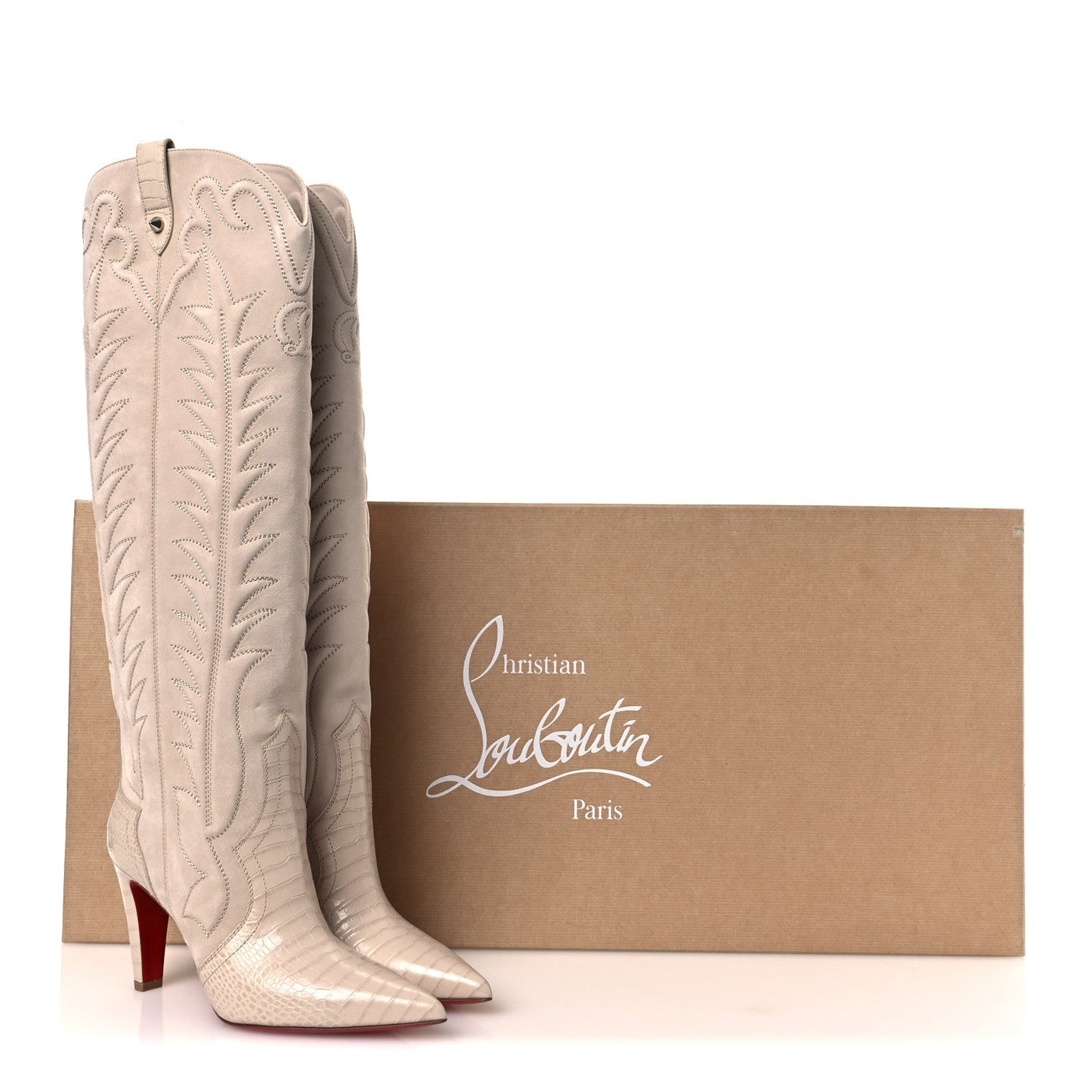 Calfskin Alligator Embossed Veau Velours Santia Botta 85 Tall Boots 40 Pearl