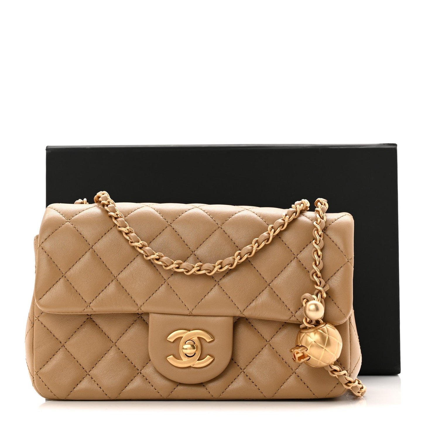 Lambskin Quilted Mini Rectangular Pearl Crush Flap Dark Beige