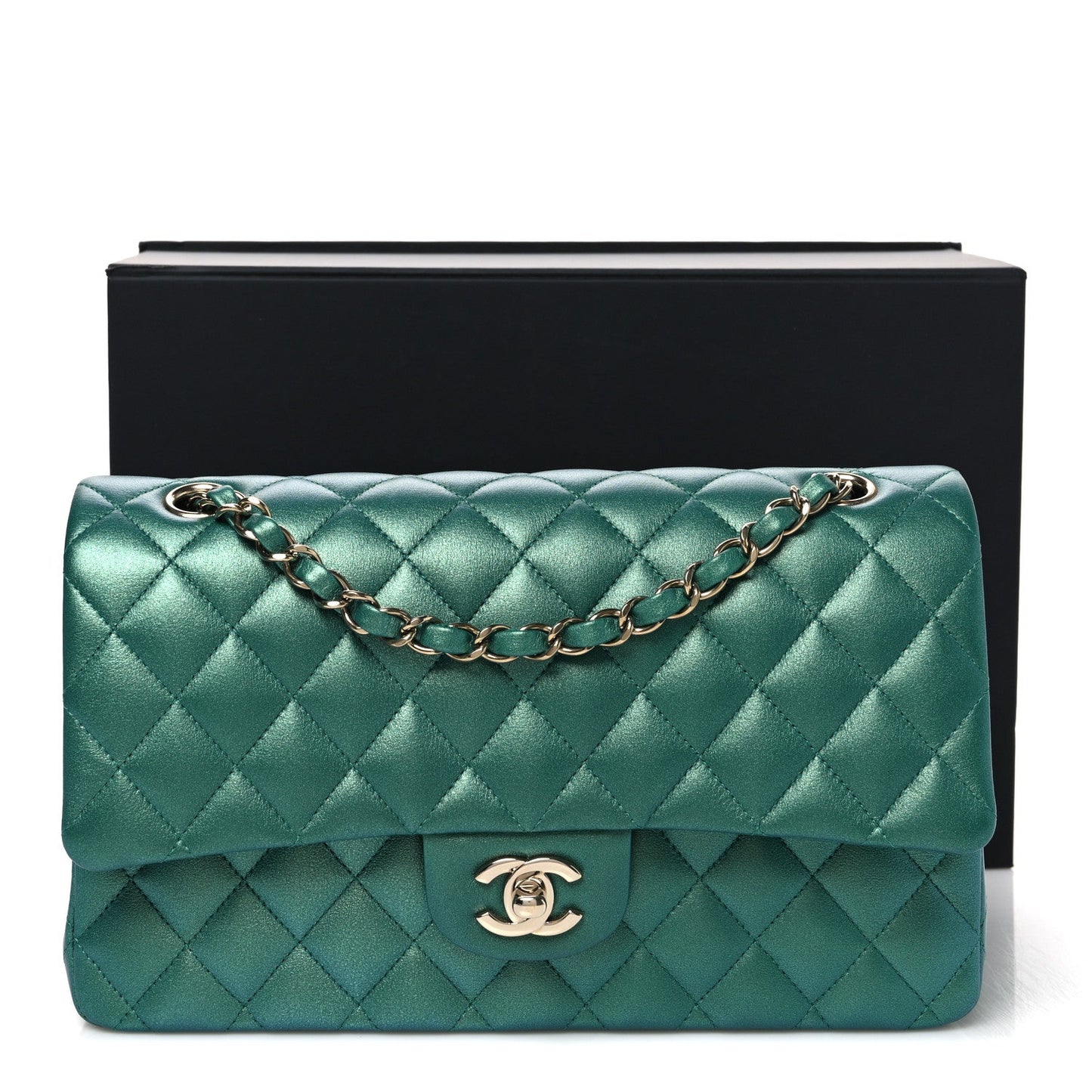 Iridescent Calfskin Quilted Medium Double Flap Green