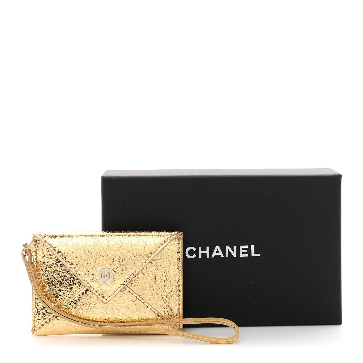 Metallic Lambskin Card Holder With Strap Gold