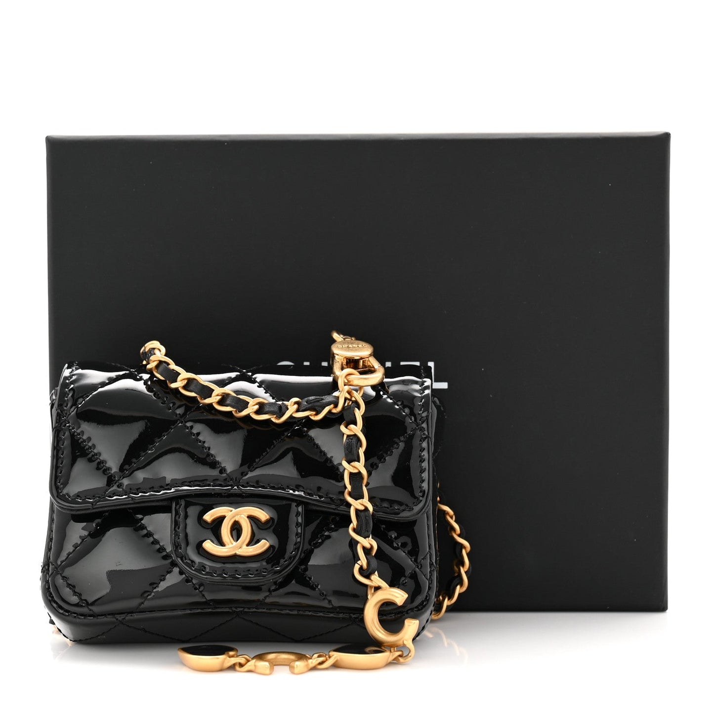 Patent Enamel Quilted Coco Hearts Clutch With Chain Black