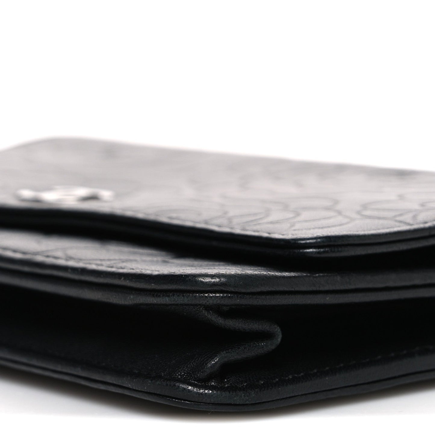 Lambskin Camellia Embossed Wallet on Chain WOC Black