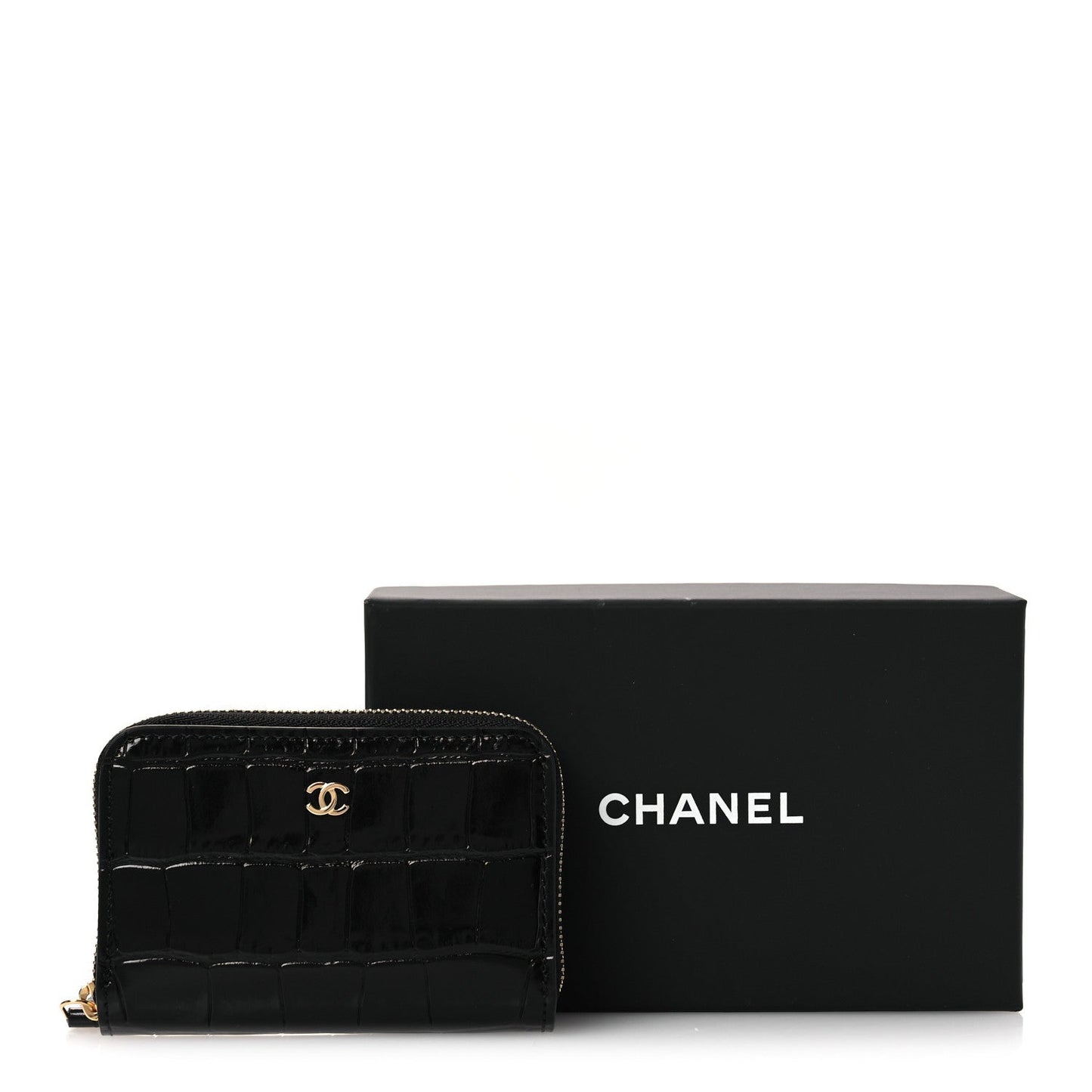 Calfskin Crocodile Embossed Crococo Zip Coin Purse Black