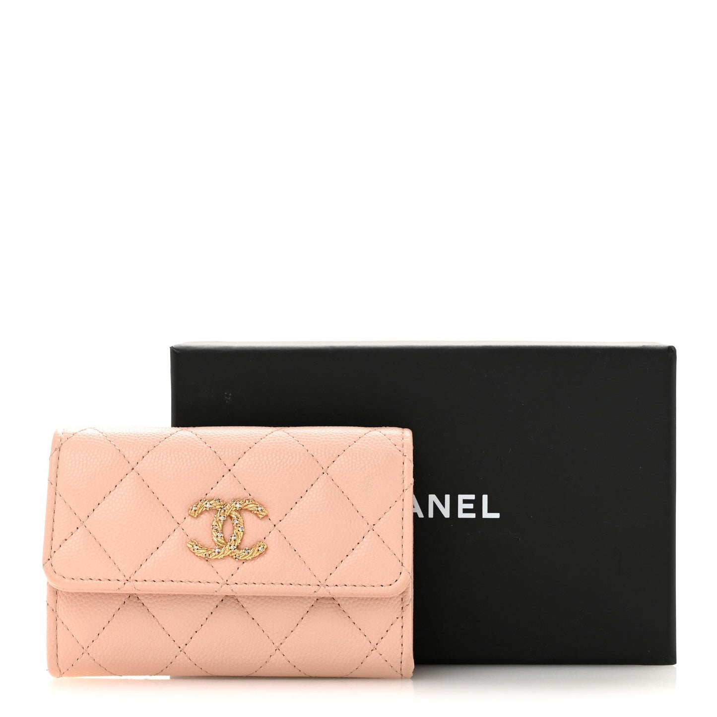 Caviar Quilted Crystal CC Flap Card Holder Pink