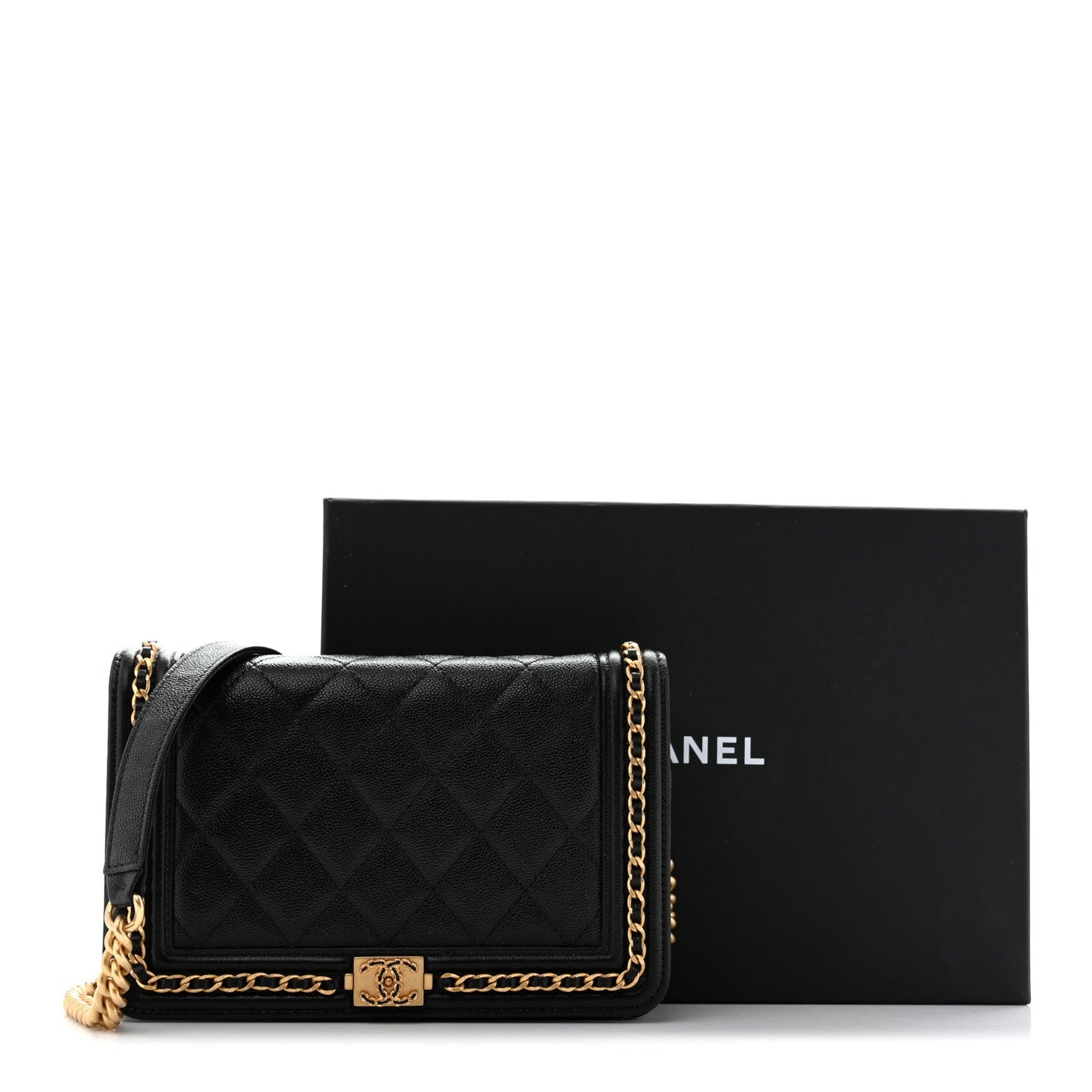 Caviar Quilted Chain Around Boy Wallet On Chain WOC Black