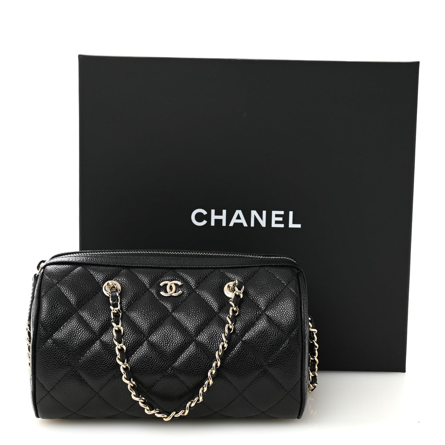 Caviar Quilted Barrel Clutch With Chain Black