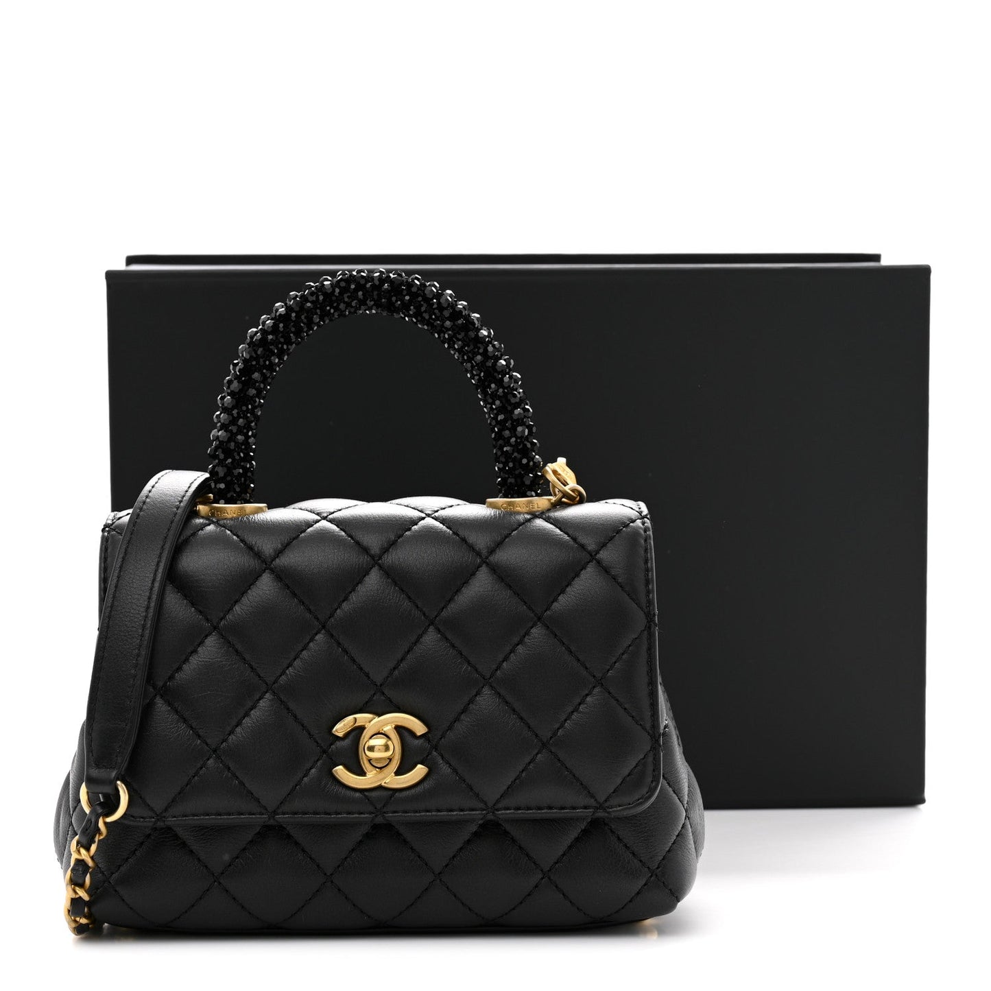 Calfskin Crystal Quilted Extra Mini Coco Handle Flap Black