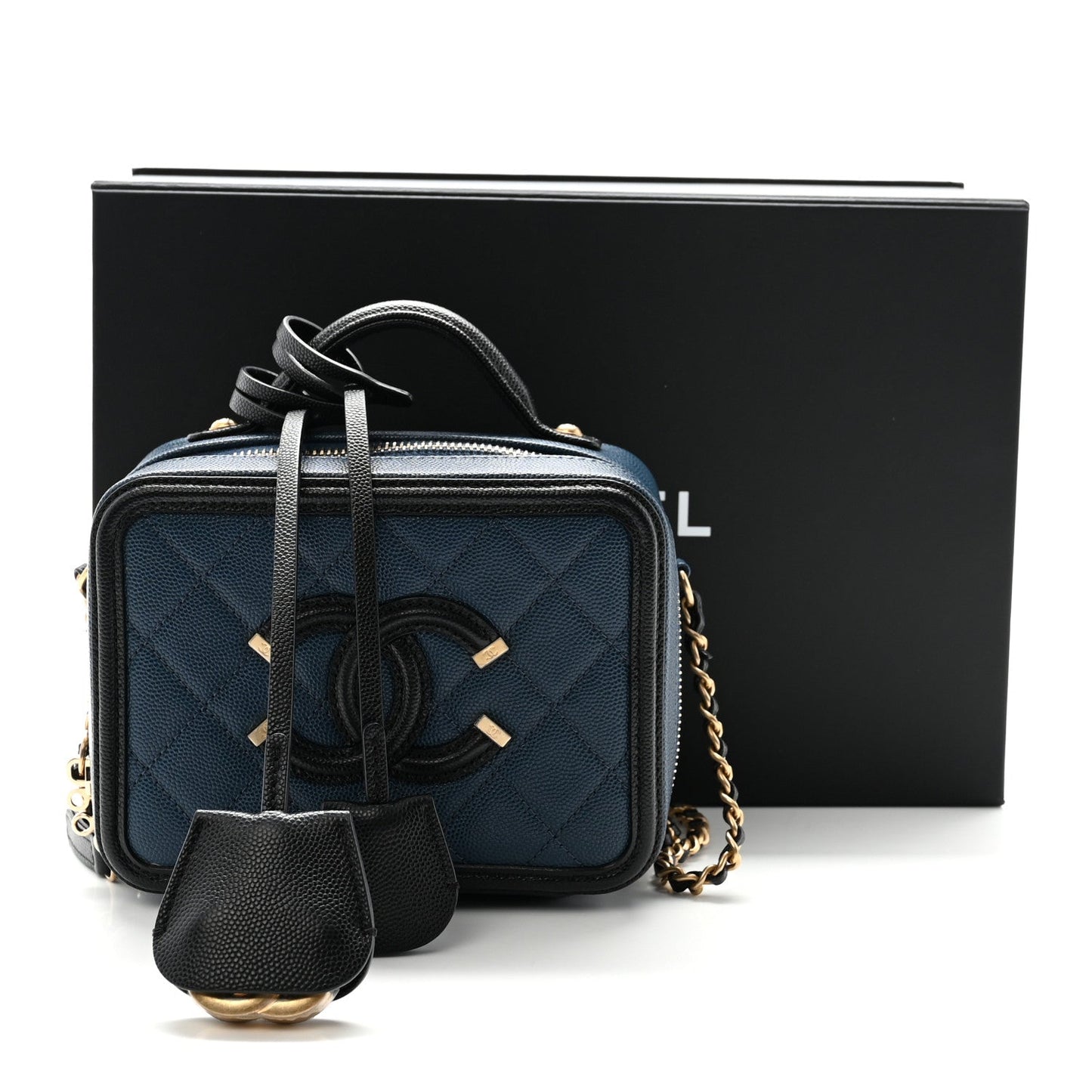 Caviar Quilted Small CC Filigree Vanity Case Navy Black