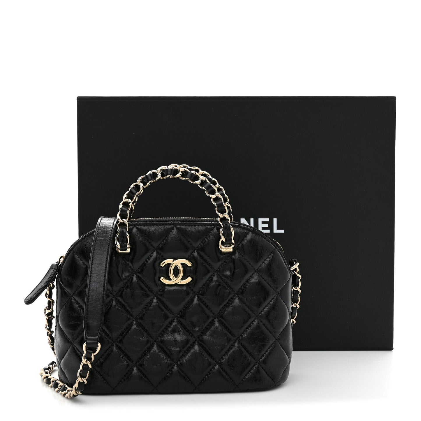 Shiny Lambskin Quilted Shiny Coco Clutch With Chain Black