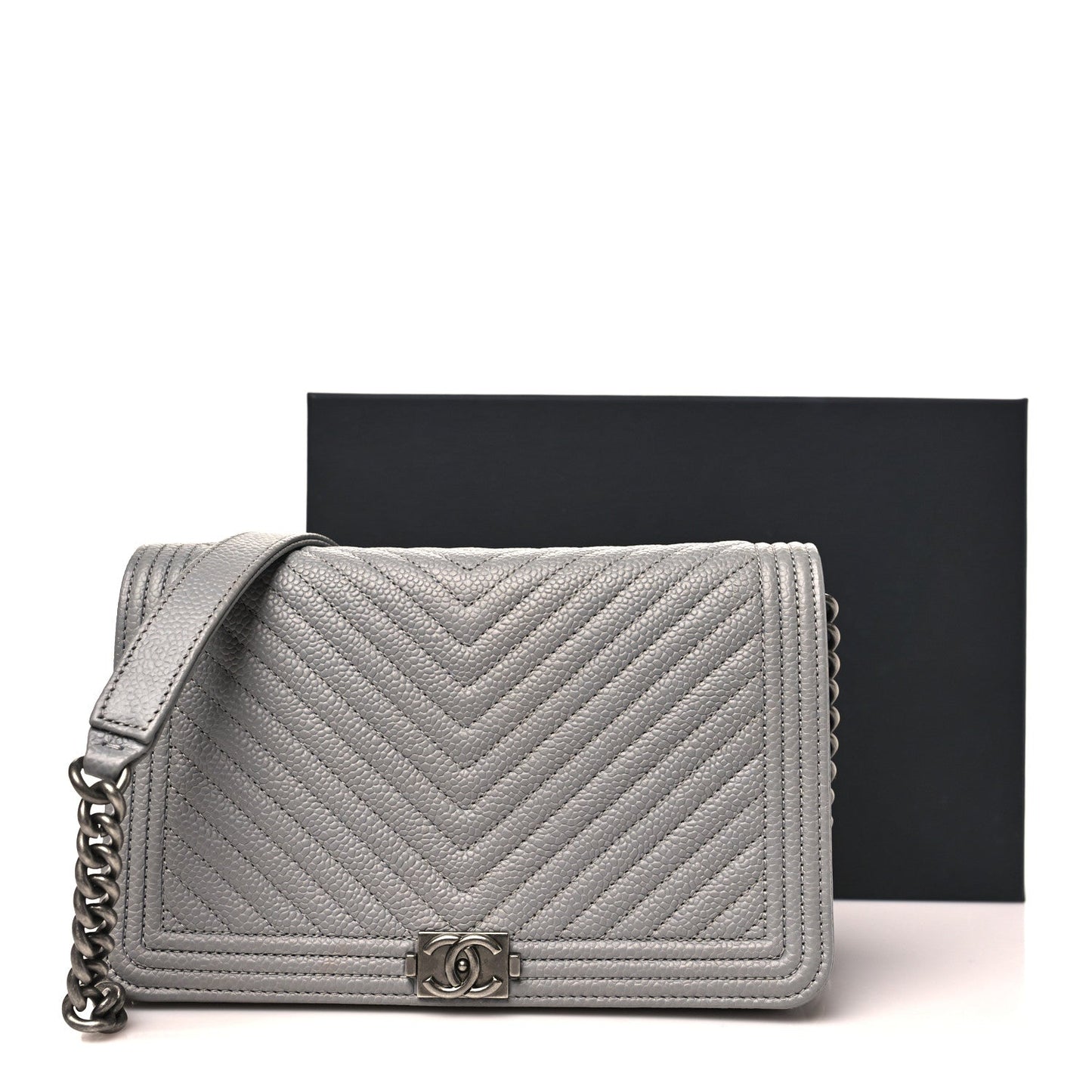 Caviar Chevron Quilted Boy Wallet On Chain WOC Grey